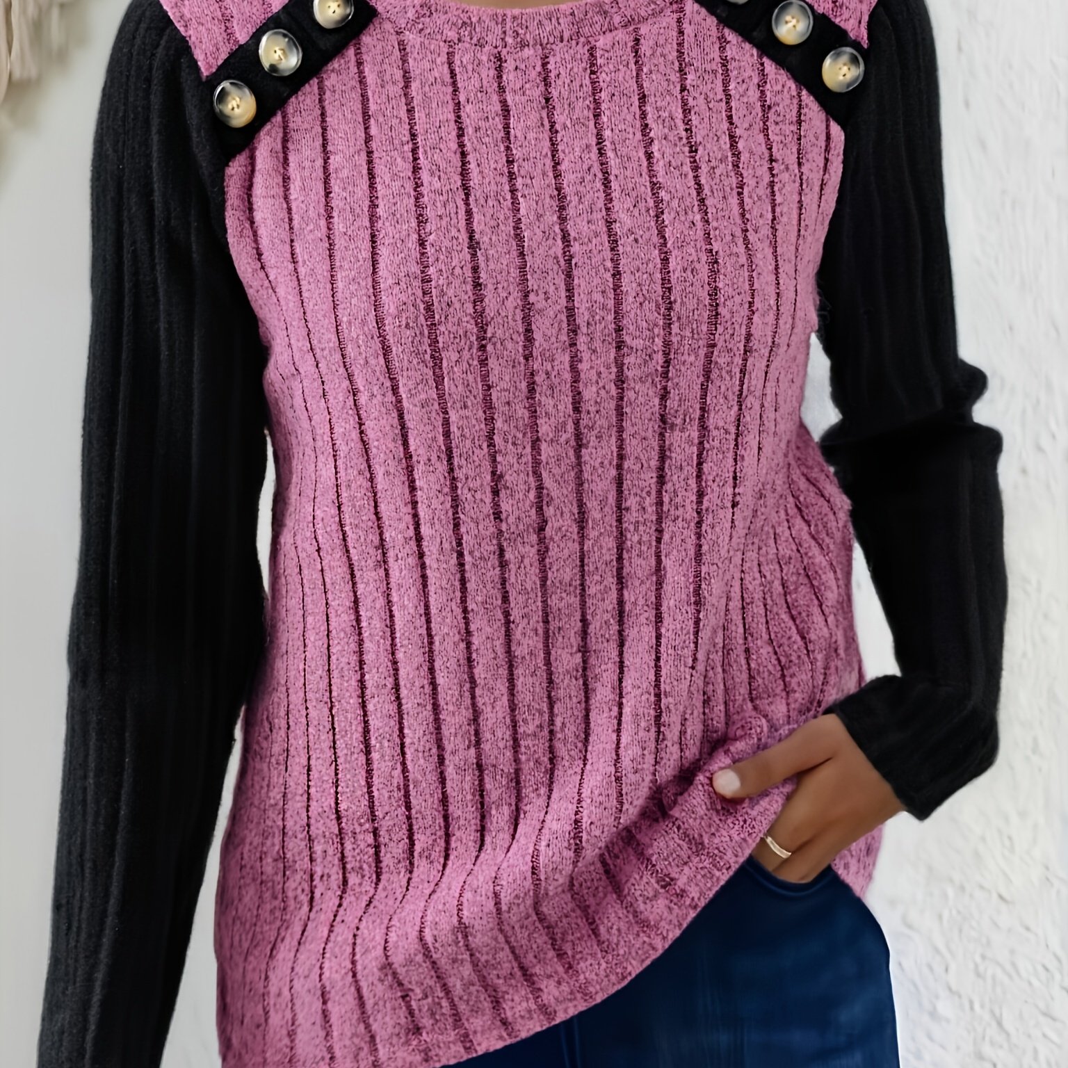 Image of Plus Size - Plus Size - Plus-size Trendy Casual Color- Button-decorated Round-neck Long-sleeve Top