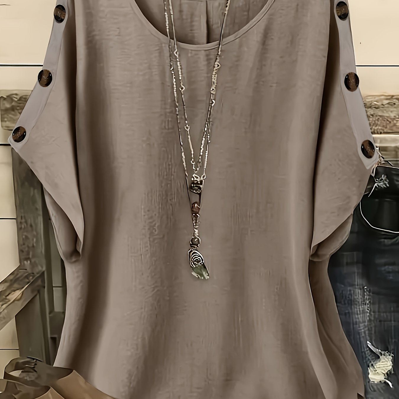 Image of Plus Size, Women's Plus Size Elegant Solid Color Button-decorated Short Sleeve Shirt