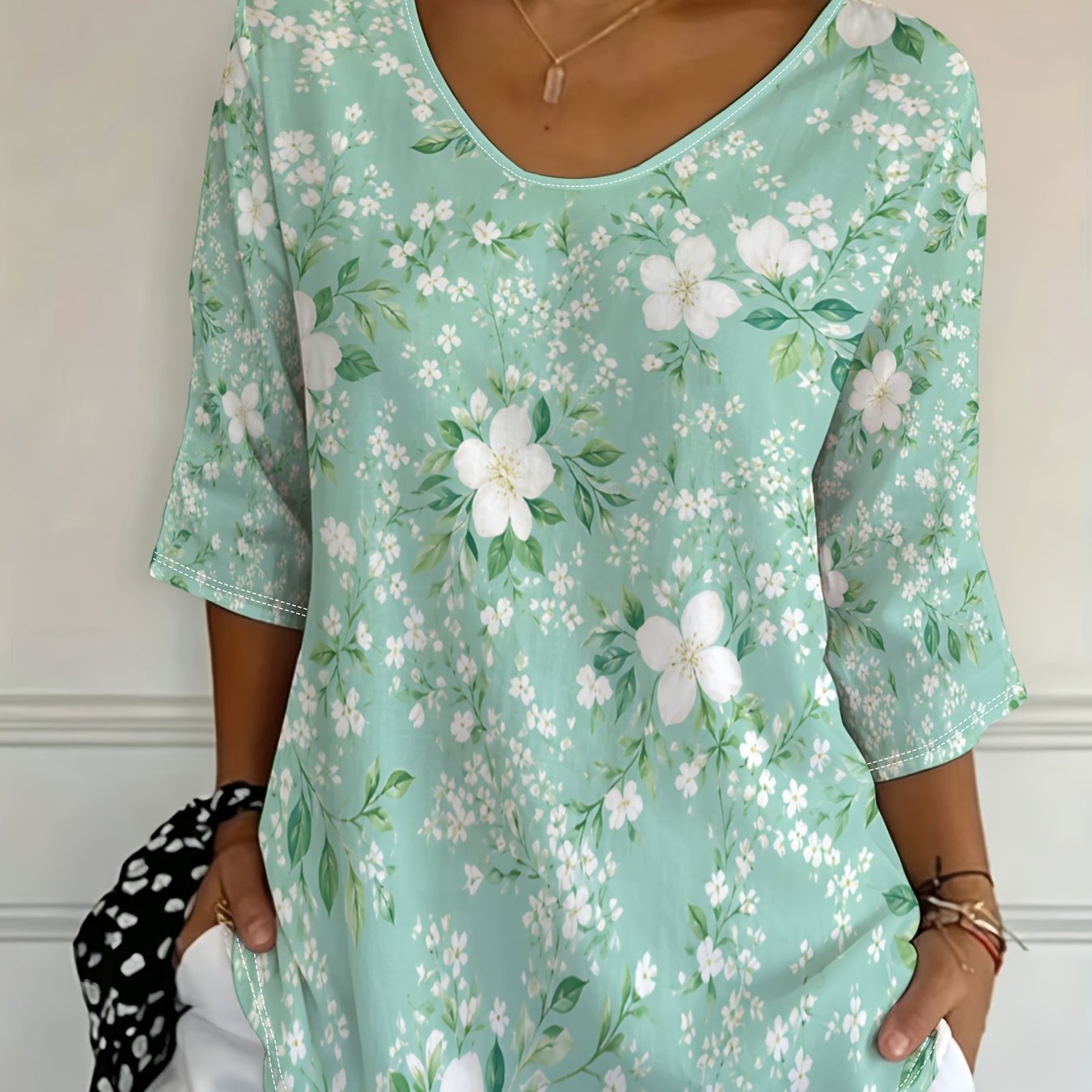 TEMU Plus Size, [ Esign-not Texture] New European And American Women's Clothing, Three-quarter Sleeve Top,, Suitable For , Everyday Commuting, Casual