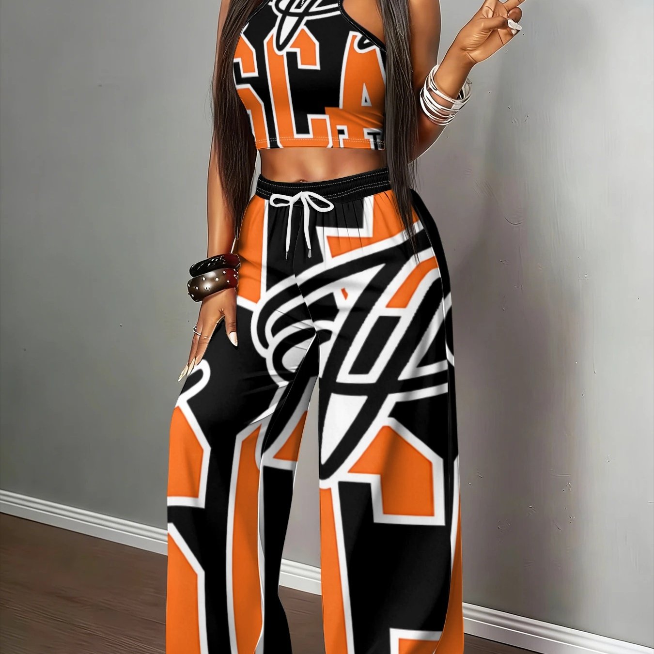 TEMU European And Style Black And Orange Contrast Color Letter Graffiti Print Halter Neck Tank Top And Wide-leg Pants Set, Trendy And 2pcs Outfit