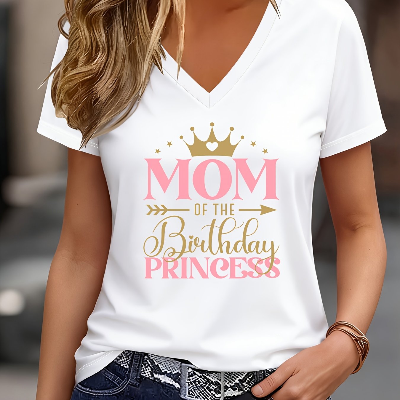 TEMU Women's V-neck Casual T-shirt With Graphic Print, Short Sleeves, Regular Fit, Machine Washable For Spring, Summer, And Fall, Durable,
