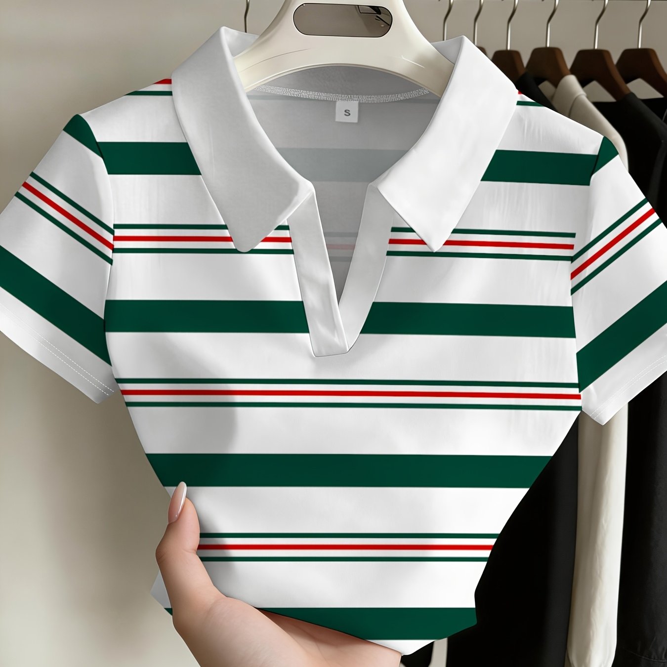 TEMU Women's Striped Lapel Short-sleeve Top: Fashionable, Casual, Versatile For Summer; A New Design With Breathable -essential For Casual Attire,