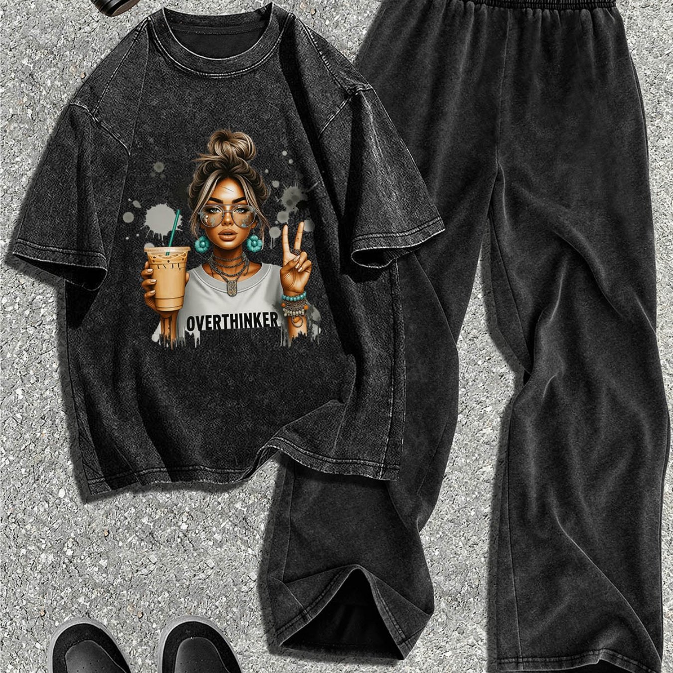 Portrait Print Washed Retro Short Sleeved Pants Set, Fashion Daily Wear, Suitable For Spring And Summer Wear Washed Short Sleeved Pants Set.