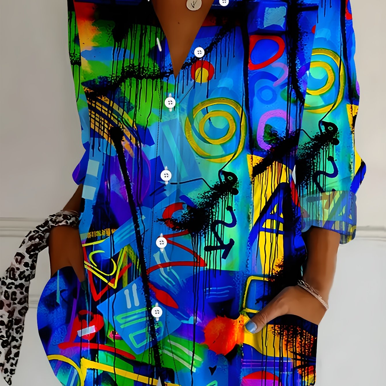 TEMU Plus Size, Plus Size Women's Long Sleeve Shirt, Colorful Graffiti Style Loose Fit Printed Blouse, Mid-length Long Sleeve Lapel Shirt With Black