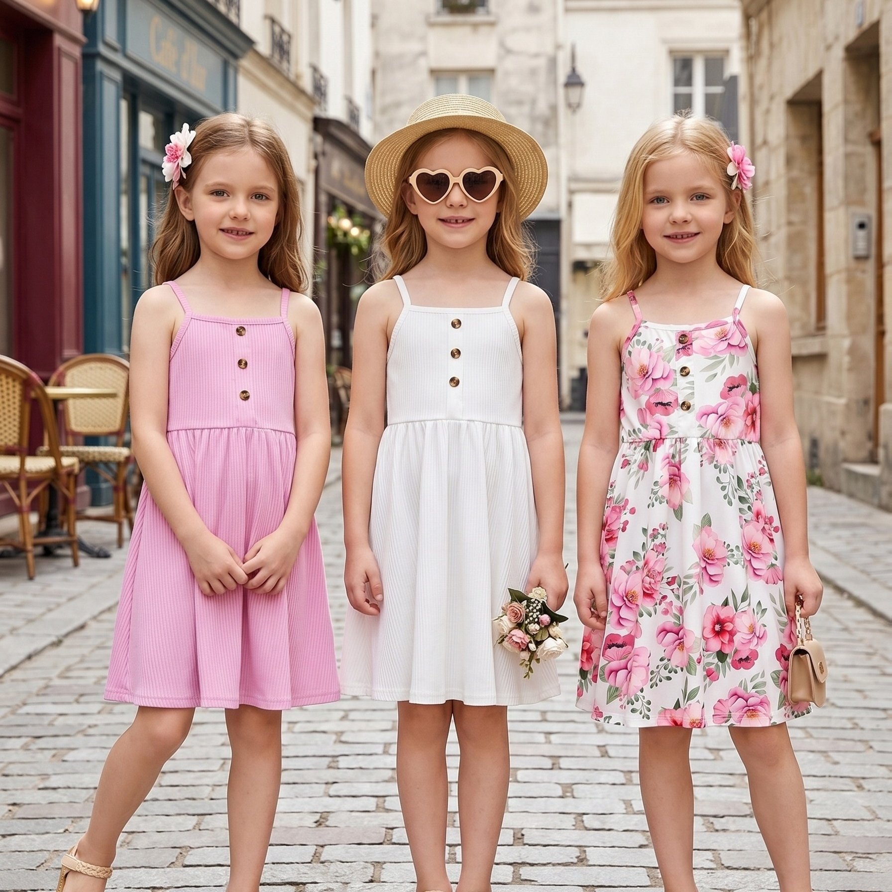 3pcs Girls' Floral Print And Solid Color Button-up Sundresses, Perfect For Summer Daily Wear And Outdoor Casual Party Activities, Gift Idea, And Kids & Girls Clothing