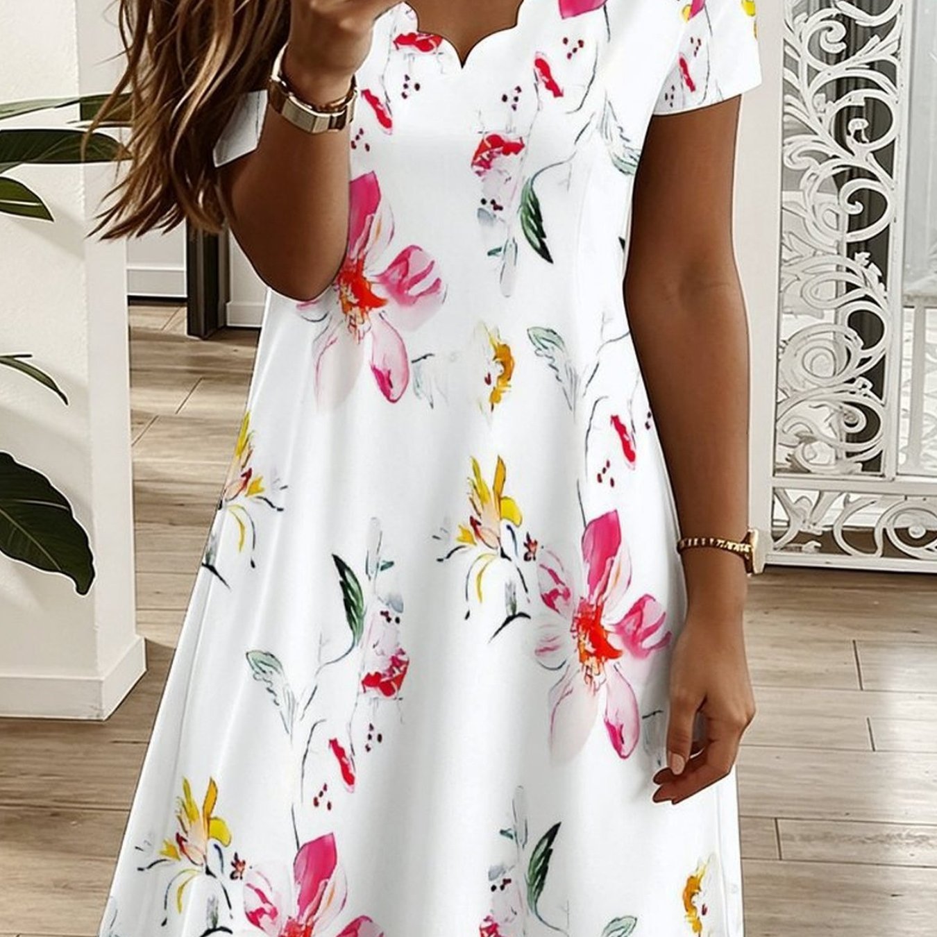 Plus Size, Summer -neck Short Sleeve Dress, All Over Geometric , Elegant Women Dress For Vacation Casual Party