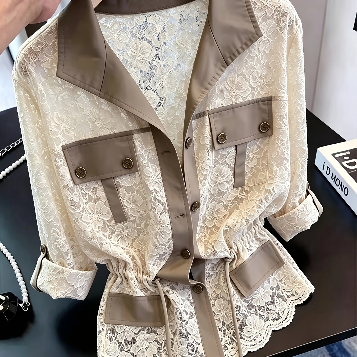 TEMU Chaqueta de mujer de moda con solapas, aplicaciones de encaje y patchwork, con cinturón de , largas y top casual 1033