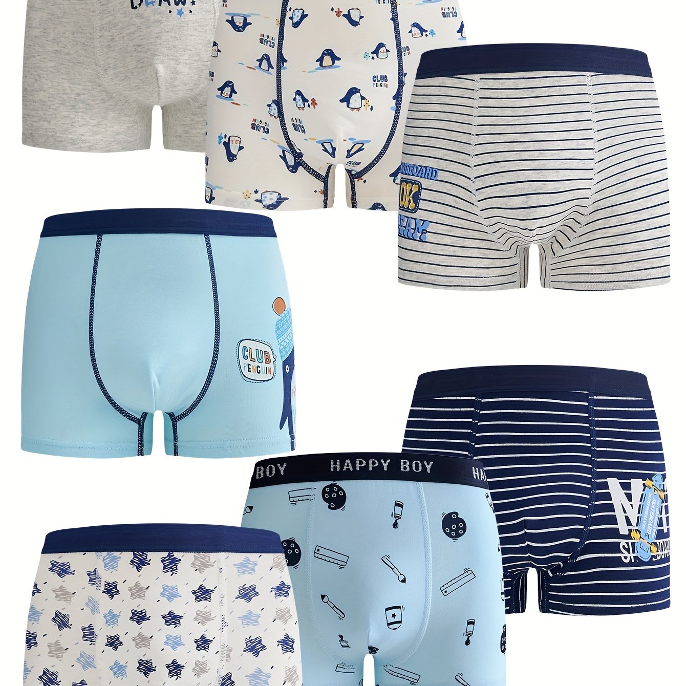 Image of [7-pc] Boys' Underwear Soft Comfortable Cute Cartoon Penguin Pattern English Pattern Skateboard Elastic Waistband Wear Little Boy Square Short Shorts [gx]
