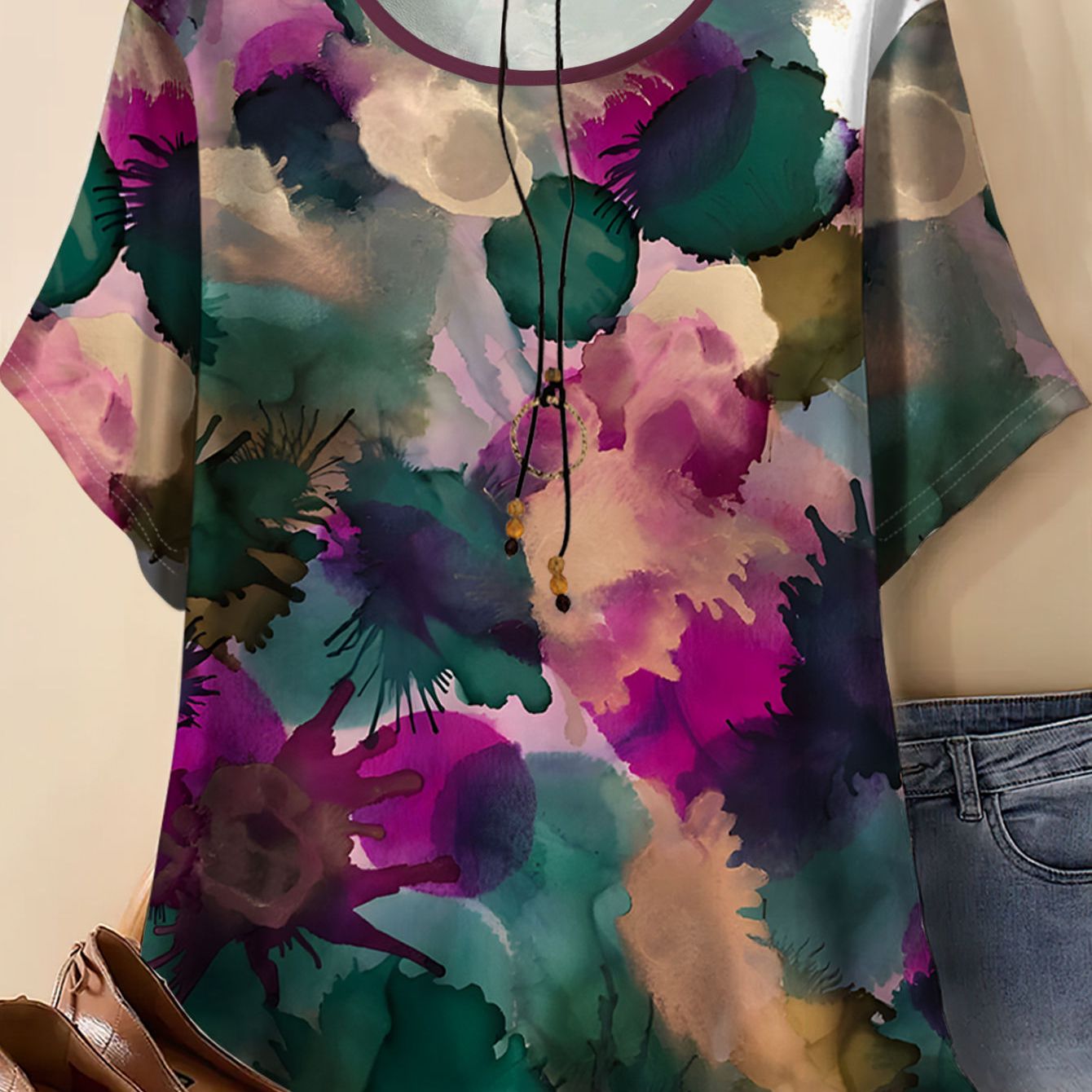 TEMU Plus Size Women' Print Loose Short-sleeved Top, New Fashionable And Versatile T-shirt For Women In Summer, Plus Size And Belly-covering Summer