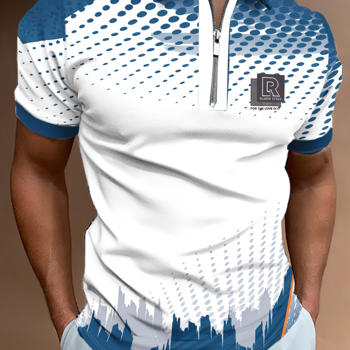 TEMU Men's Short-sleeve Zipper Shirt Summer Fashion Gradient Polka Dot Print Turn- Collar T-shirt Business Casual Breathable Slim Fit Shirt