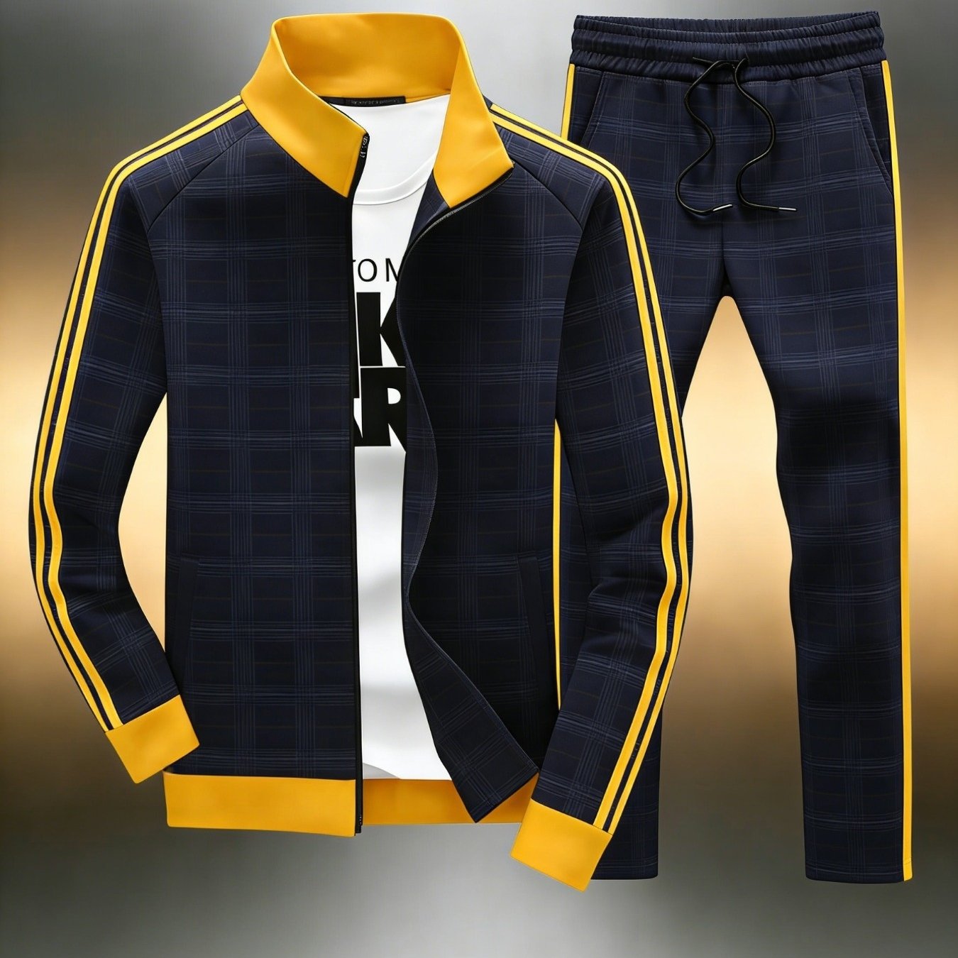 Image of Teenager's Teenager Long Sleeve Sports Jacket Set - Geometric Grid Pattern Zip Jacket And Jogging Pants Set, Casual Sportswear, 2pcs Matching Apparel, Contrasting Piping, For Outdoor, For Teenager