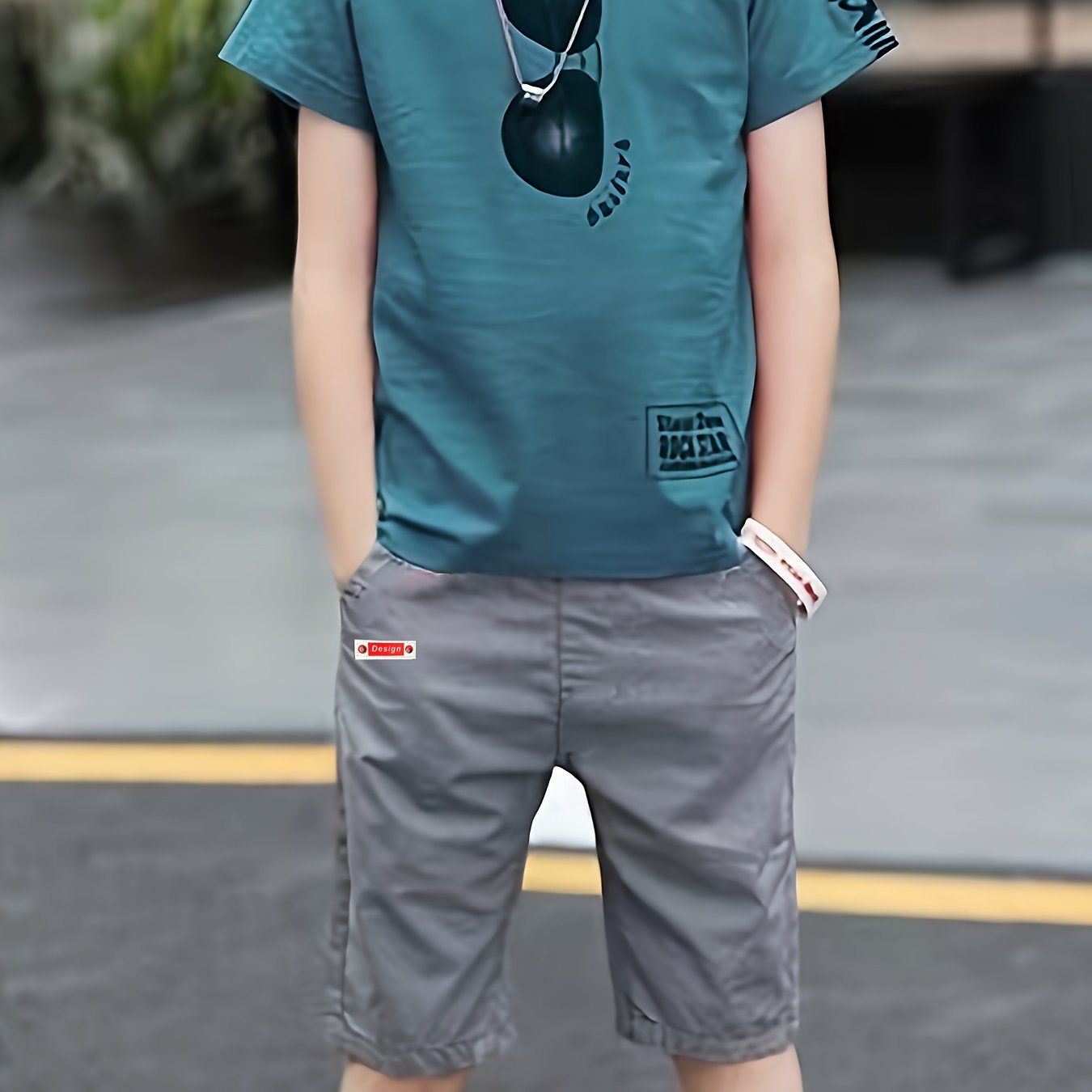 Image of Boys' Summer Short Sleeve Shorts Two-piece Set, Casual Sports, Comfortable Glasses Print T-shirt Shorts Two-piece Set, Perfect For Outdoor