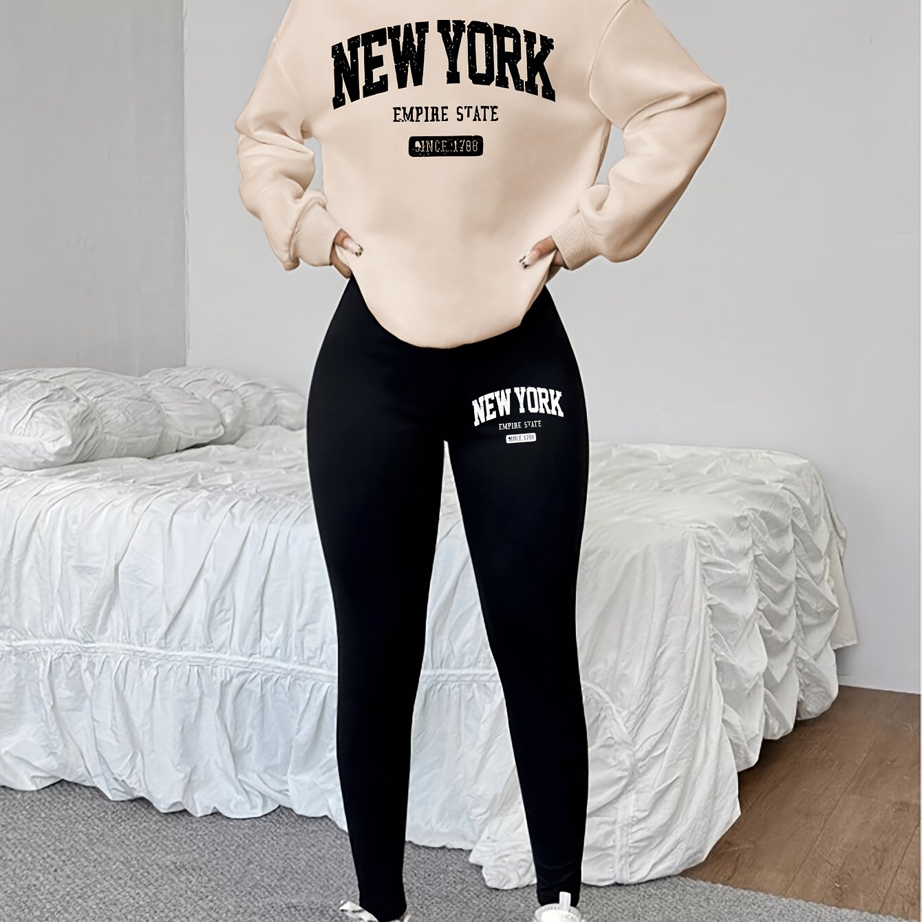 TEMU 0909, 1 Set Of Casual Women's Sweatshirt Set (2pcs), City Name Print, Round Neck Long Sleeve Sweatshirt, Long Leggings, Worn Alone Or As A