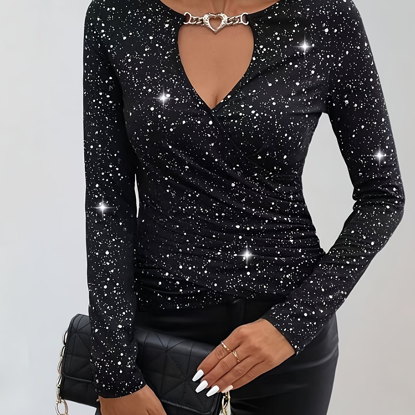 Image of Stylish Women's Long Sleeve Heart Decorated T-shirt With Silvery Fabric And Waist