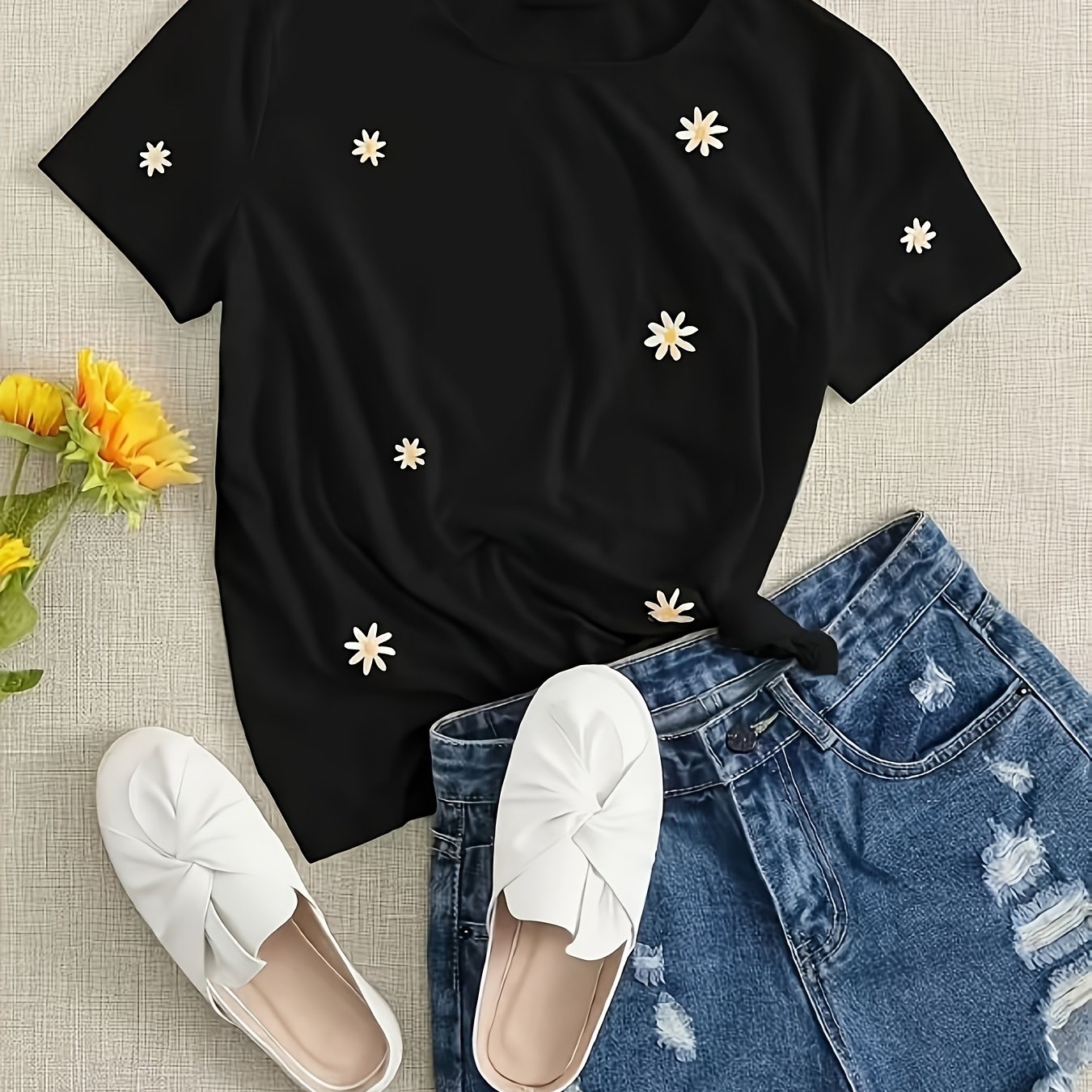 TEMU Top elegante de manga corta para mujer con bordados florales
