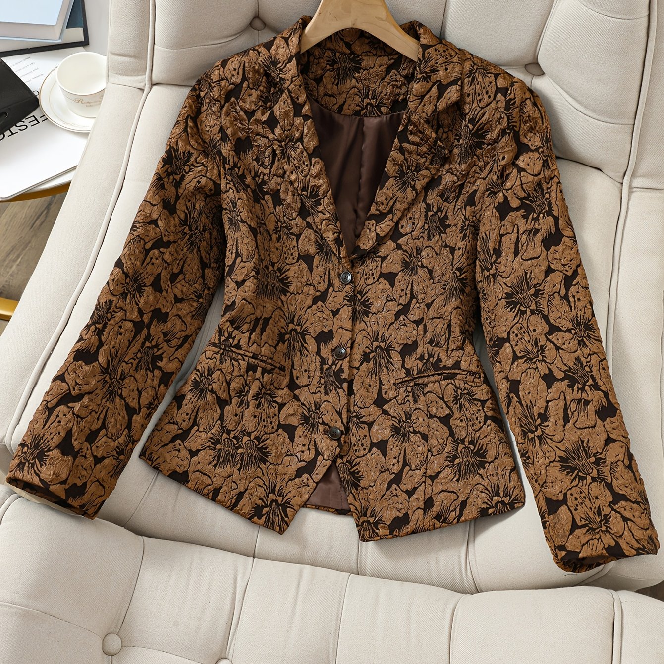 TEMU Spring, Autumn And Winter New Jacquard Elegant Long-sleeved Suit Jacket, Waist- Office Casual Versatile Fake Pocket Floral Suit Jacket