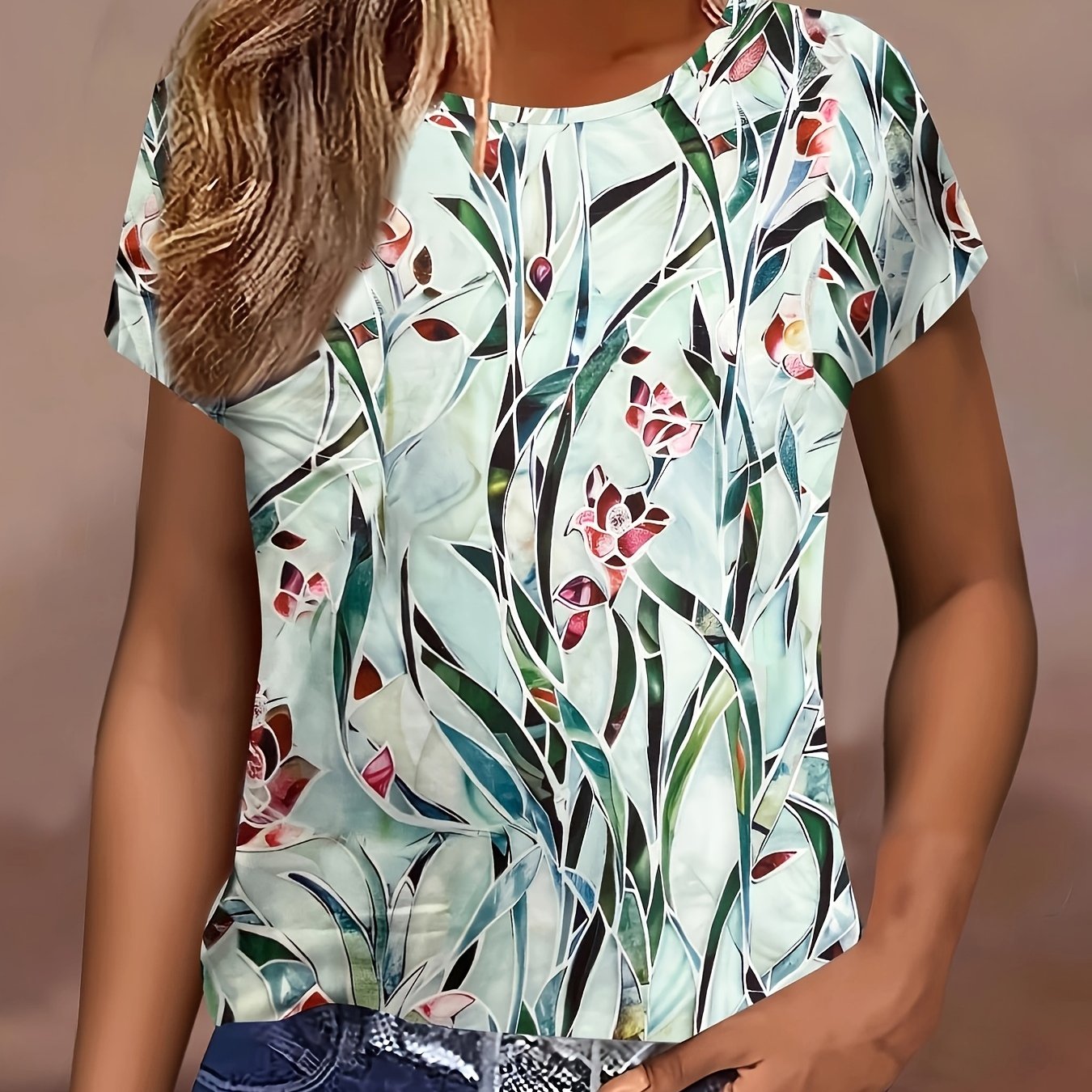Vintage Floral Print Short Sleeve T-shirt, Spring/summer Women's Round Neck T-shirt, Ladies' Top