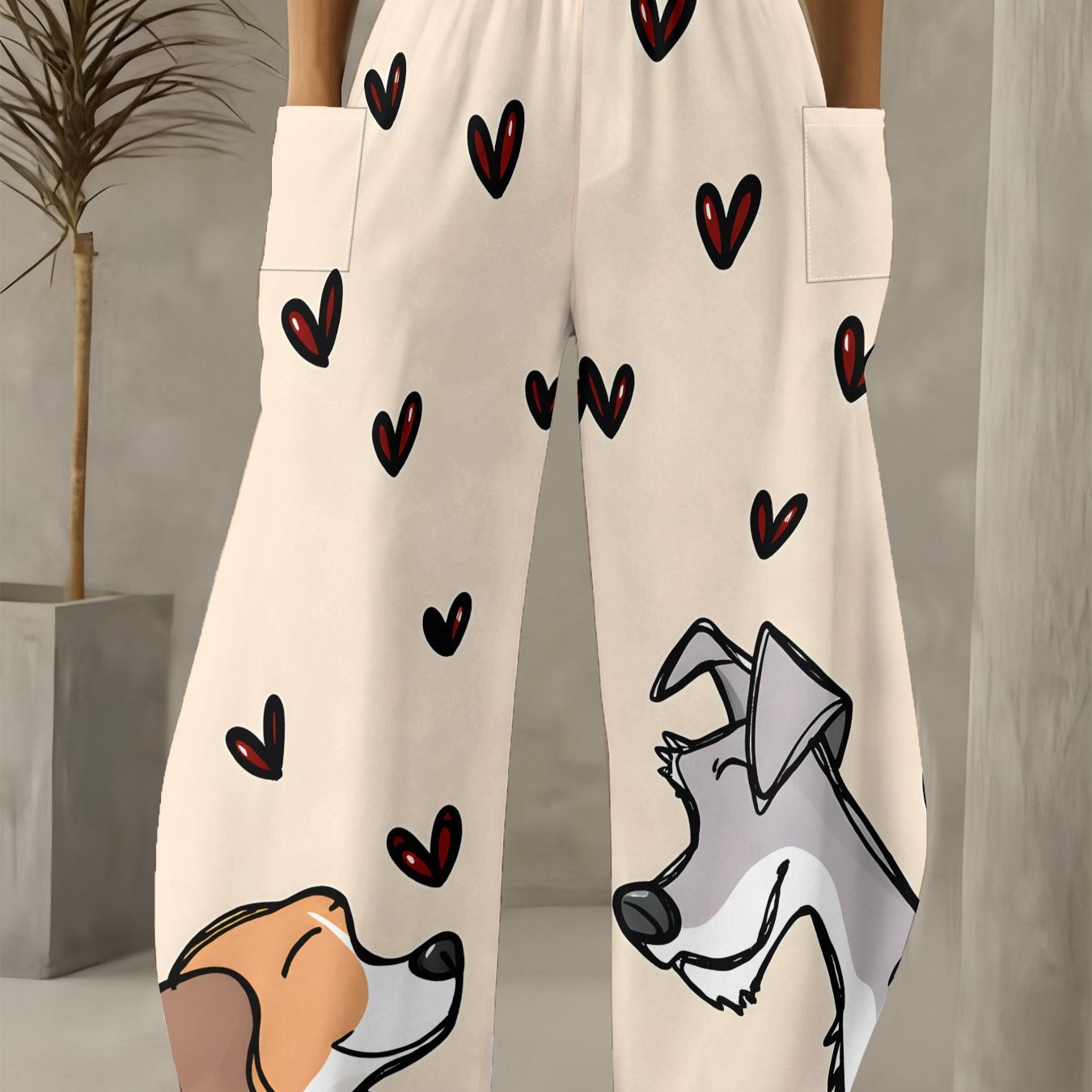 TEMU Plus-size Women's Spring Beige Wide-leg Pants With Dog And Heart Print, Elastic High-waist Design, Soft Breathable Fabric, 's -ready Long Pants