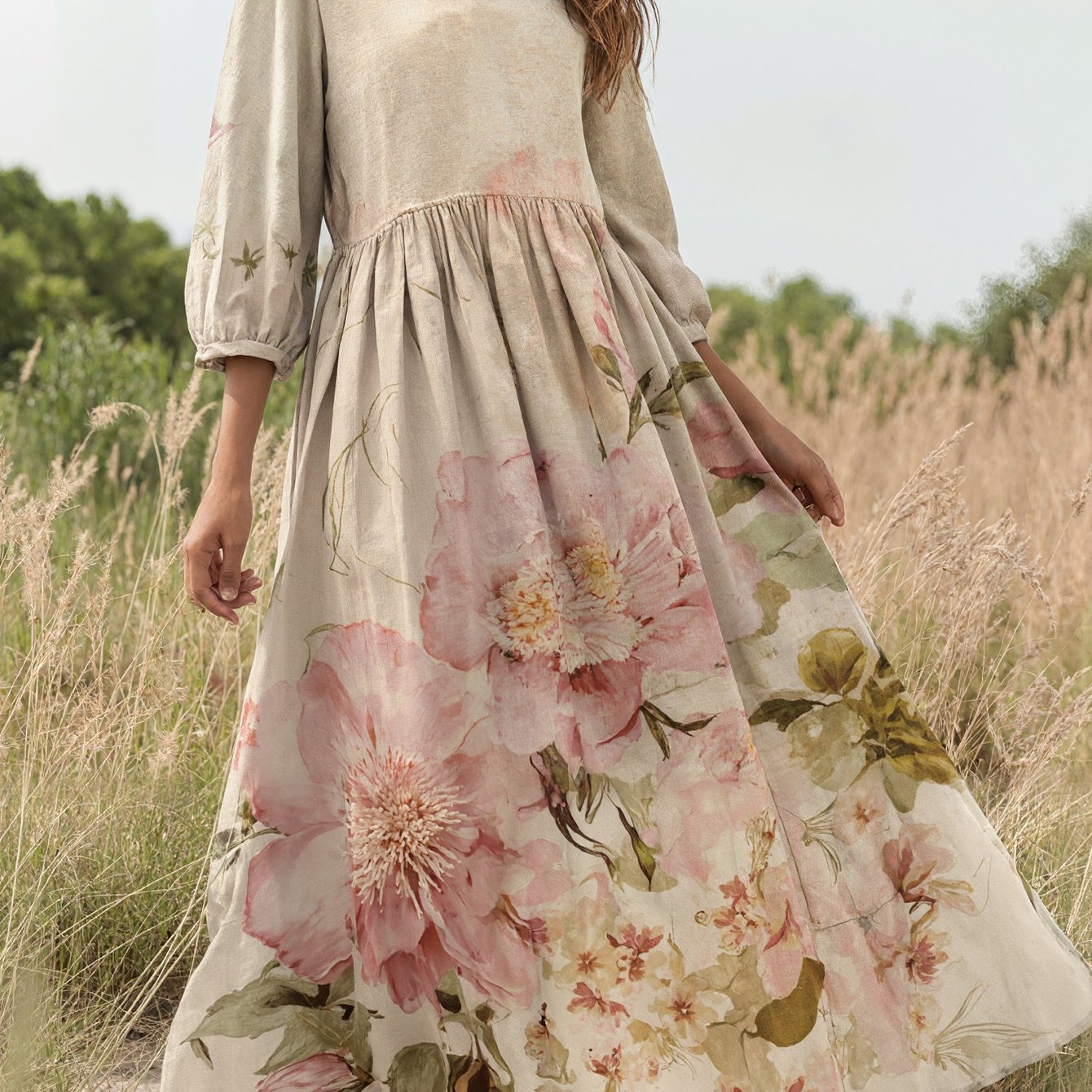 TEMU Spring And Summer Light Colored Floral Print Long Sleeved Women's Dress Loose And Countryside Style Long Skirt