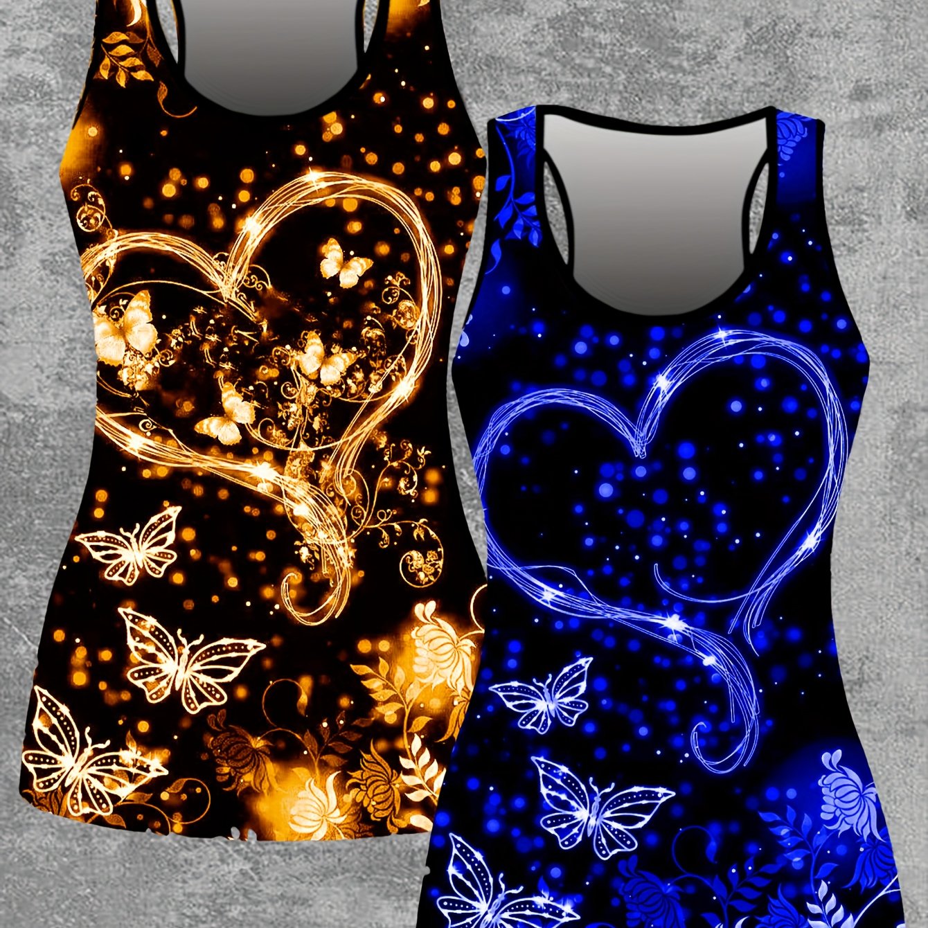 TEMU 2pcs Vêtements pour femmes européennes et américaines Nouveau printemps et été Bretelles Art numérique Cœur Papillon Imprimé manches Bretelles