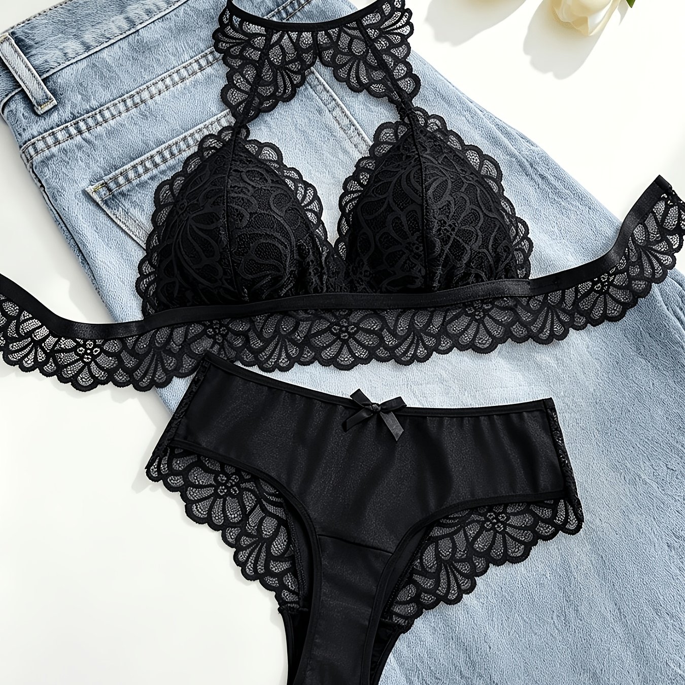 Women's Floral Lace Bra & Panty Set, Halter Neck Adjustable Back Closure Bralette, Bow Brief, Breathable & Soft Lingerie For