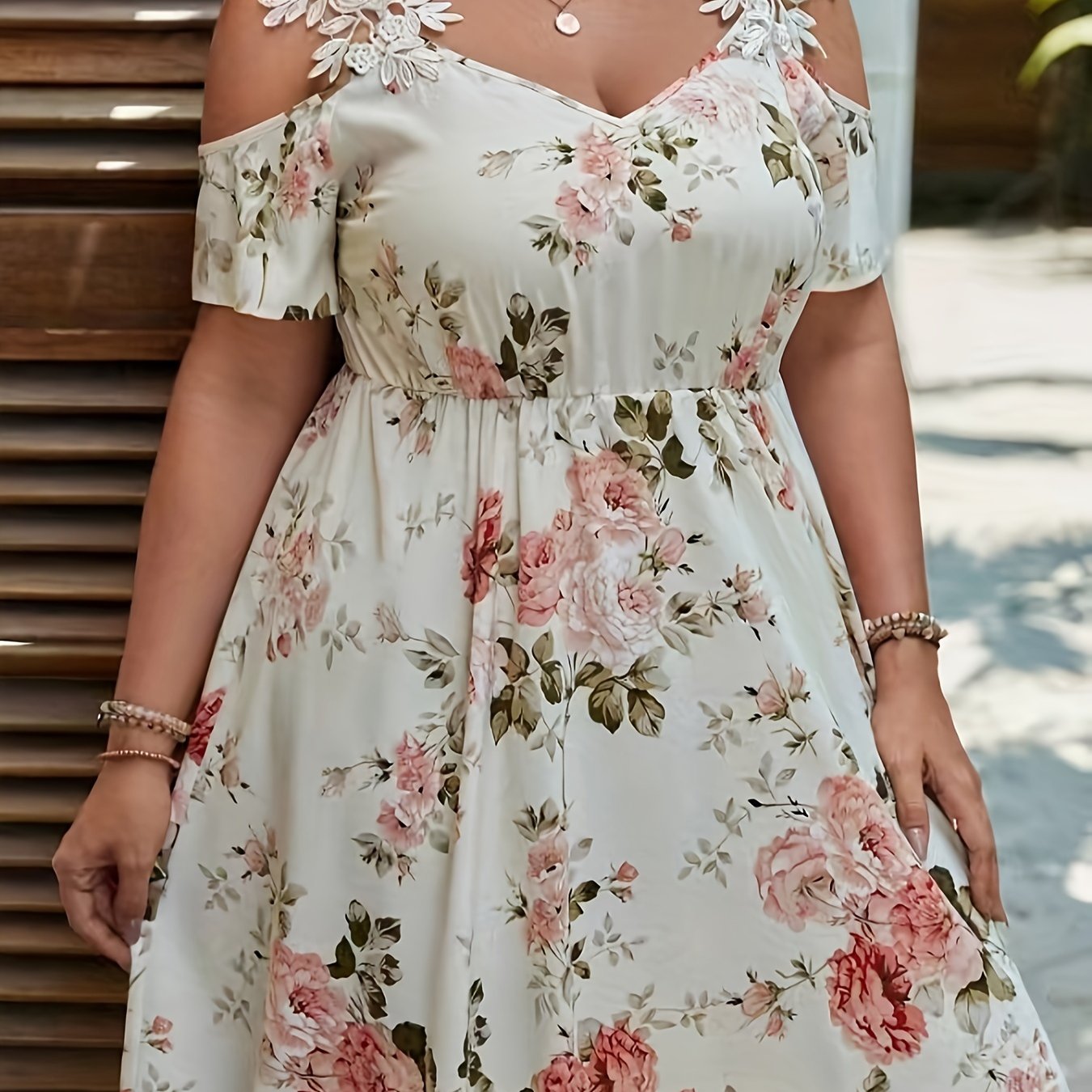 Plus Size - Cross-border Plus Size Vacation Lace Strap Printed Dress 699
