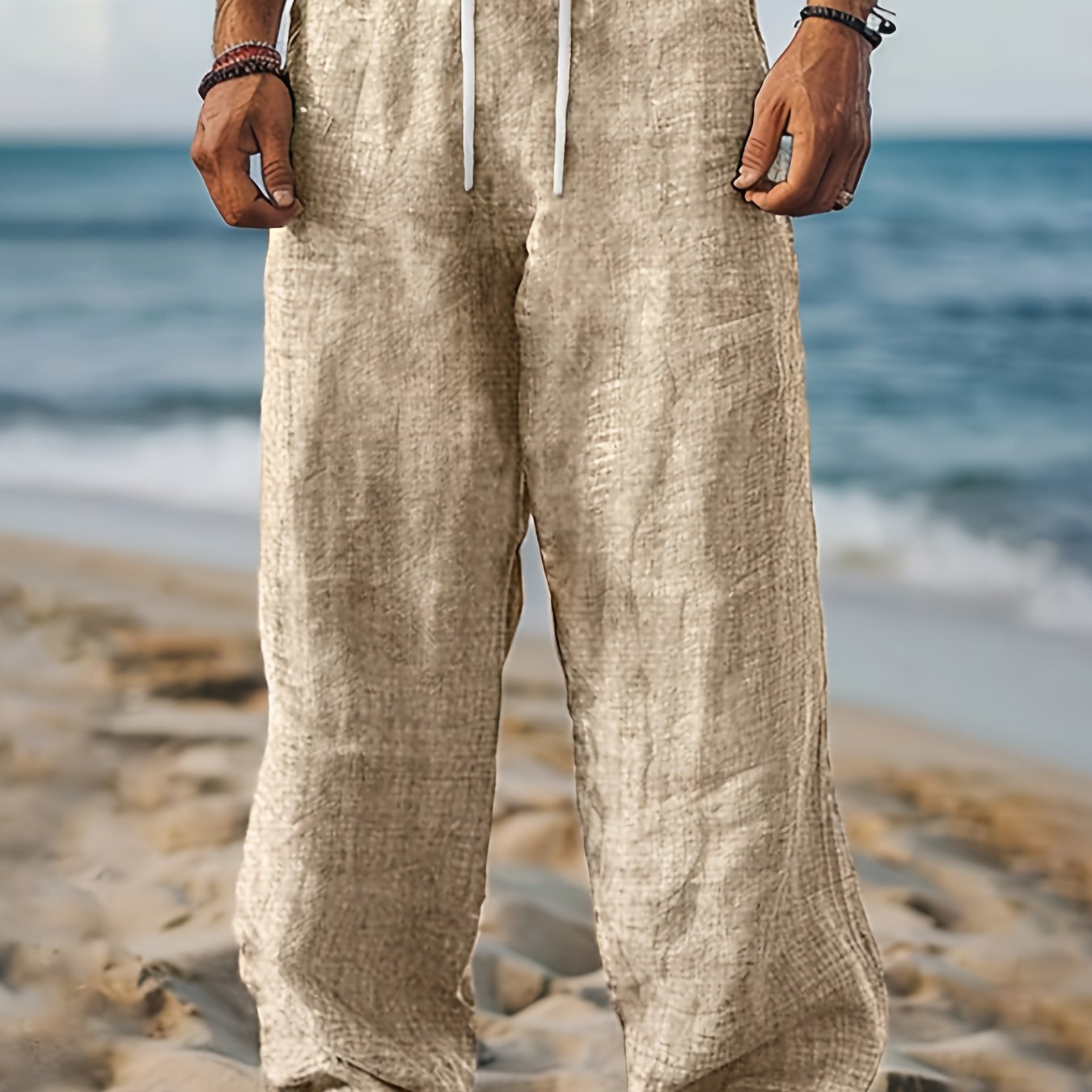Image of Men's Casual Long Pants, Beach Trousers, Long Style, Daily Wear, Holiday, Travel, Drawstring, Green, Khaki
