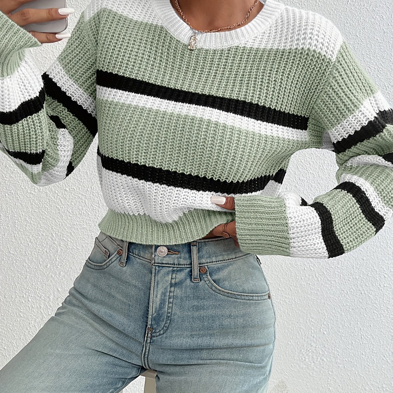 TEMU Striped Round-neck Cropped Sweater, Casual Long-sleeve Sweater For Spring And Autumn, Women's Clothing