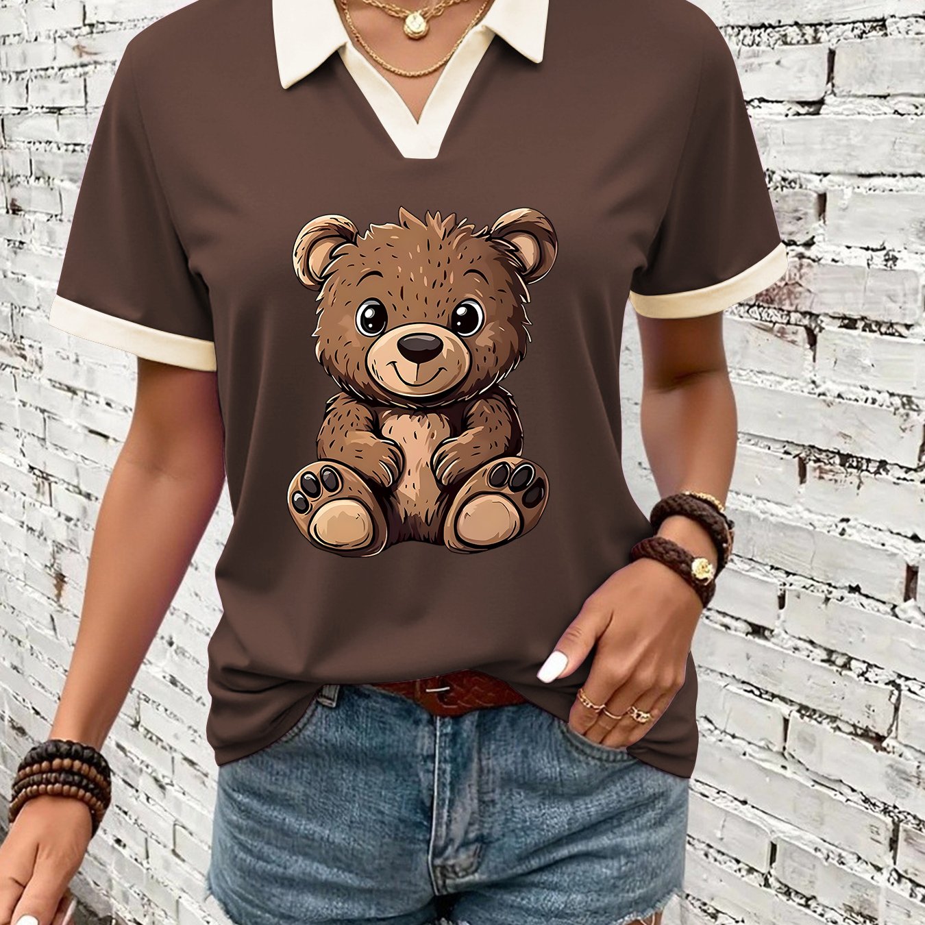 TEMU Nueva Colección Camiseta Polo con Cuello en V de Color para Mujer, Bonita Camiseta de Manga Corta con Estampado de Oso de Peluche de Dibujos