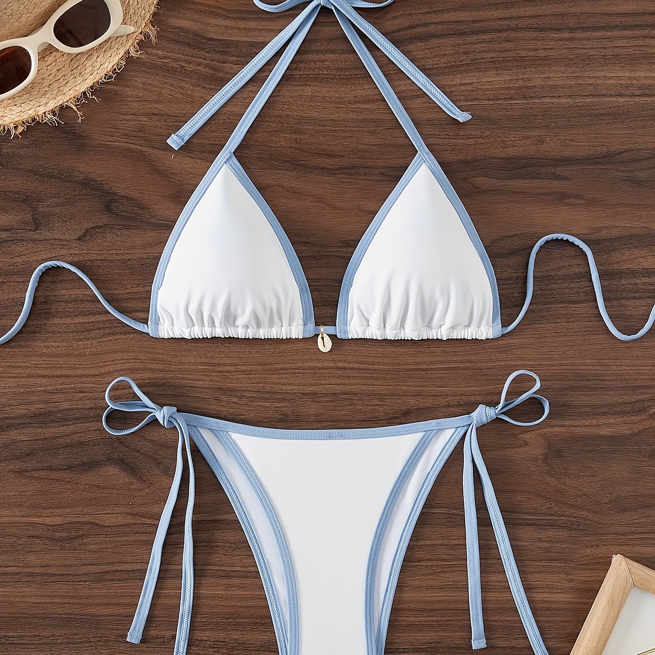 Image of Contrasting Two-piece Bikini, Lace-up Halterneck Backless Swimsuit, Detachable Shell Additions, , Women's Swimwear And Apparel