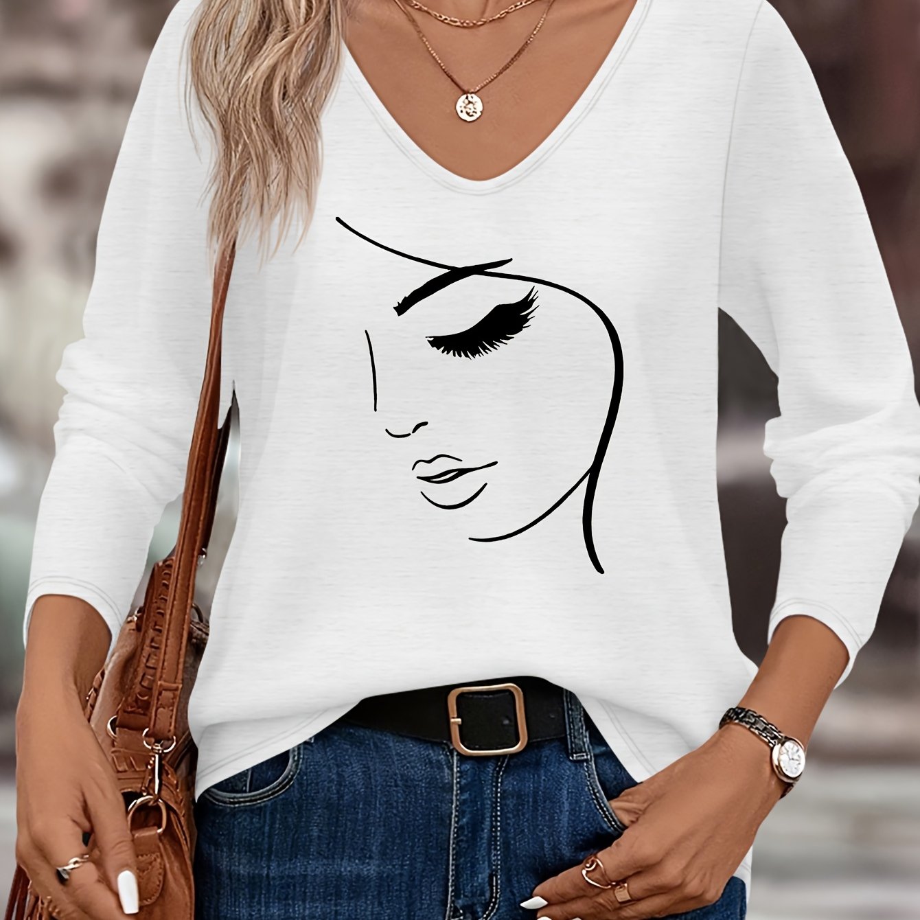 TEMU Fashionable Chic Abstract Face Pattern Print Women's Fall Winter Casual Comfortable Leisure V-neck T-shirt