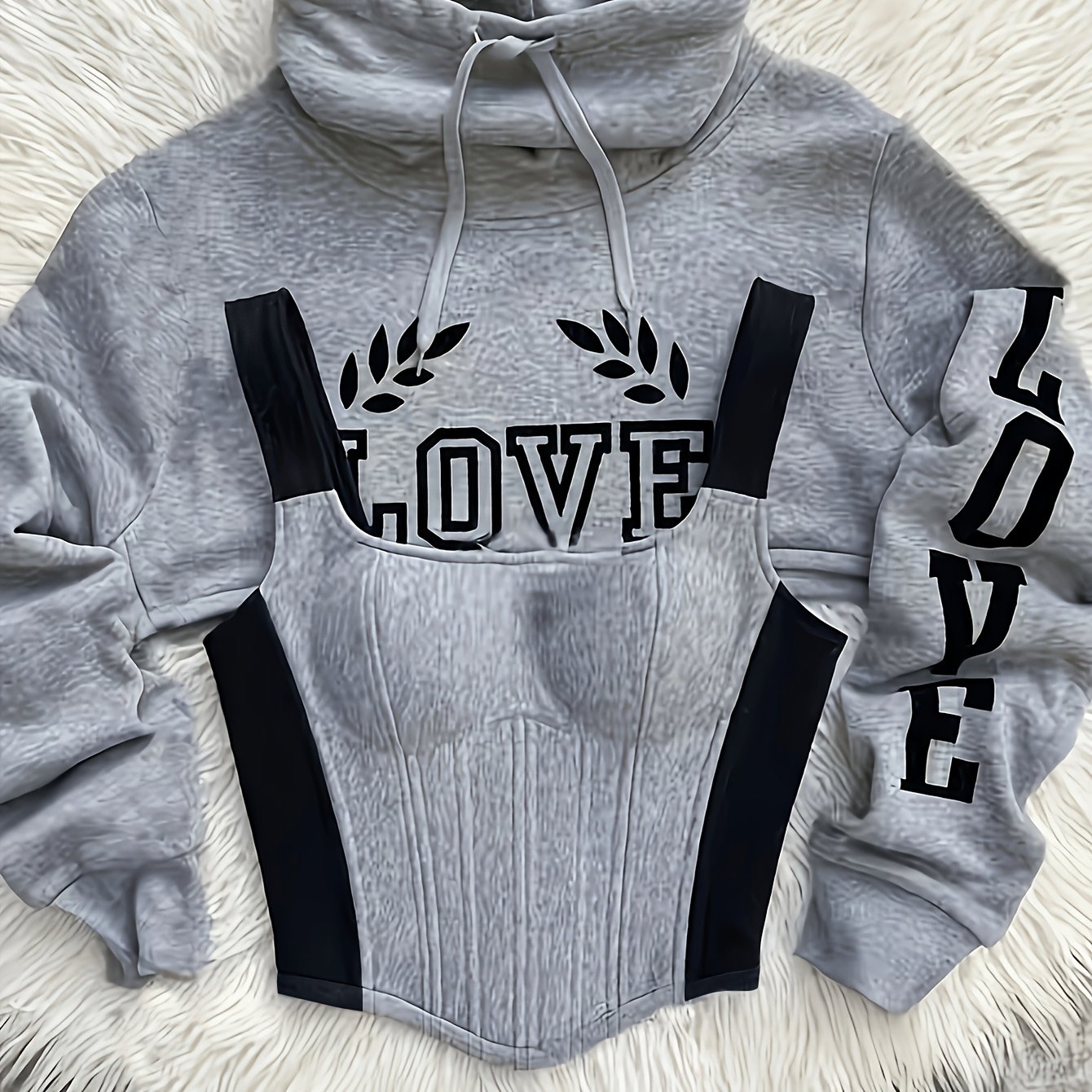 TEMU Amerikaanse Retro Kleurenblok Visgraat Taille-Inknellende Hoodie, Hoge Hals Hood met LOVE Print, Tweedelige Set voor Hot (ZCDX)