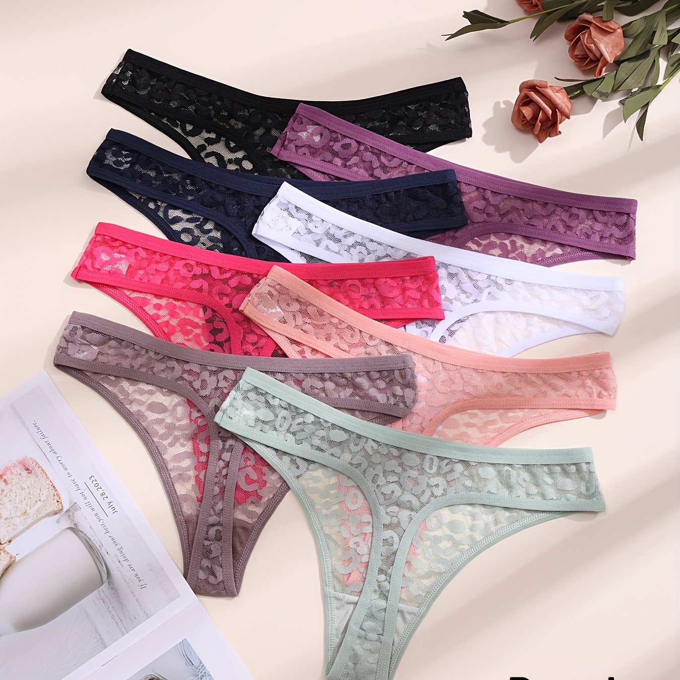 TEMU Bellabreeze Women's 4pcs Thong Panties - Mid--elasticity Sheer Lace Underwear, Breathable Mesh -string Lingerie, Semi-transparent & Machine