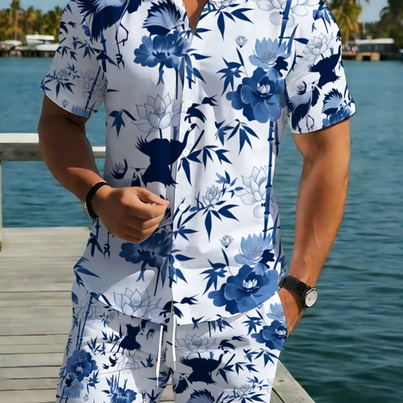 TEMU [printed Design Not Textured] Men's Blue Floral Print Short Sleeve Shirt And Pants Set, Lightweight Polyester Bwr For Outdoor Relaxation, Casual