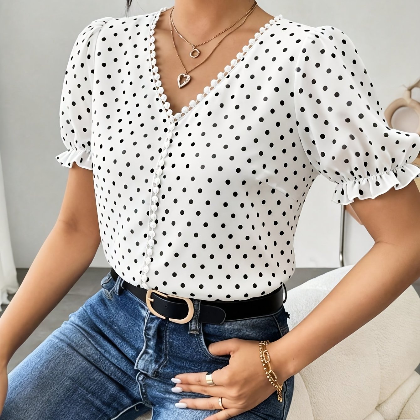 TEMU Plus Size, Women's Fashion Polka Dot Short Sleeve Plus Size Shirt