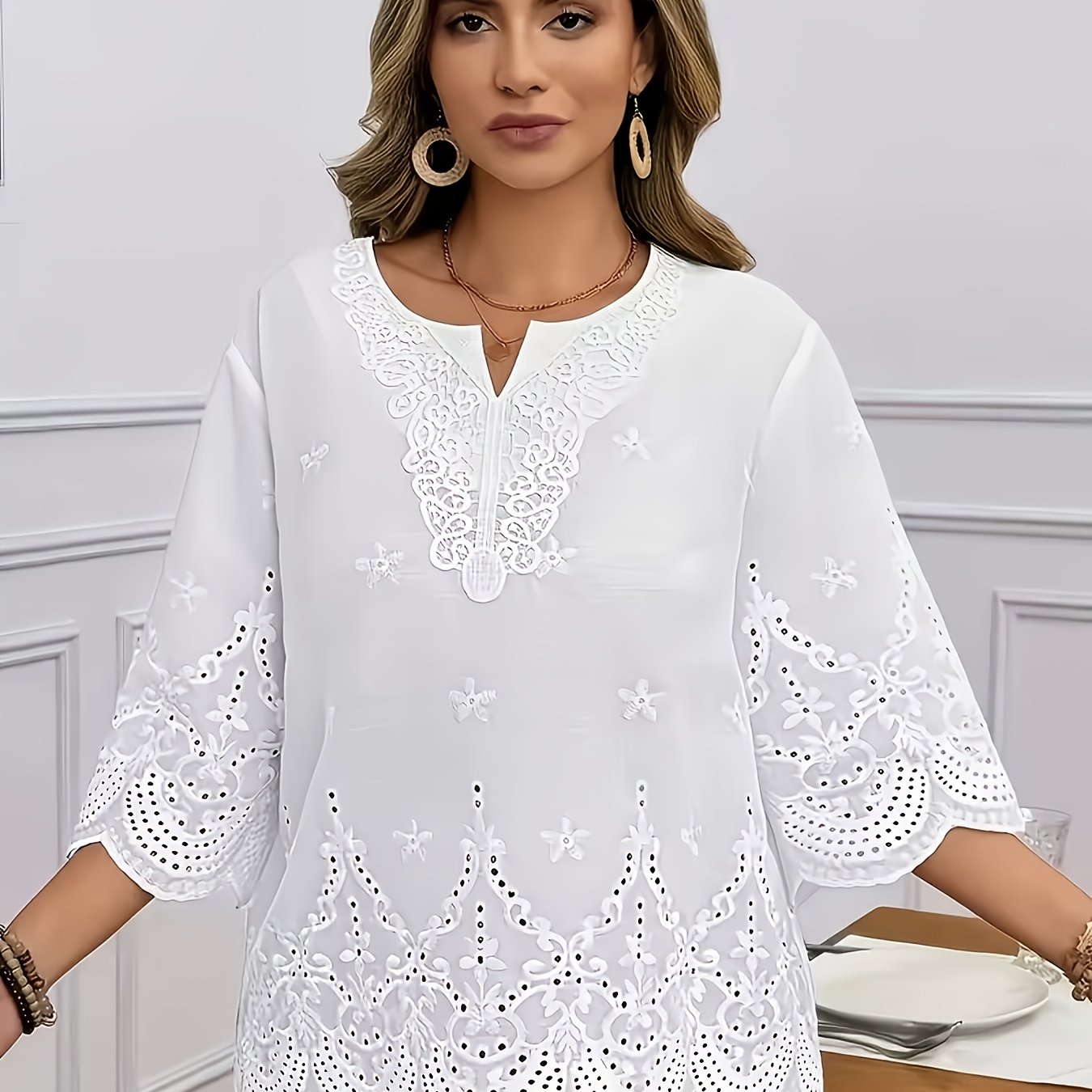 TEMU Floral Lace Texture V-neck Shirt | Versatile For Formal And Casual Wear, Solid Color
