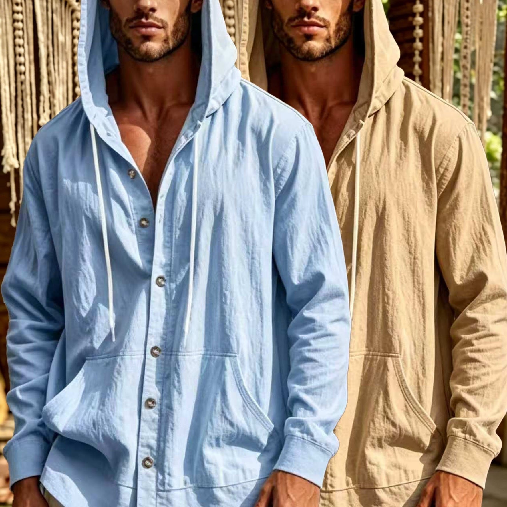 TEMU Men's Summer New Casual Shirt 2pcs Set, Button-up Solid Color Linen Long Sleeve Simple Vacation Hooded Two-pc