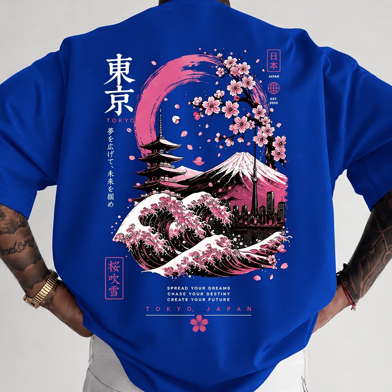 TEMU Cherry Japanese Landscape Print T-shirt, Summer 's Oversized Short Sleeve