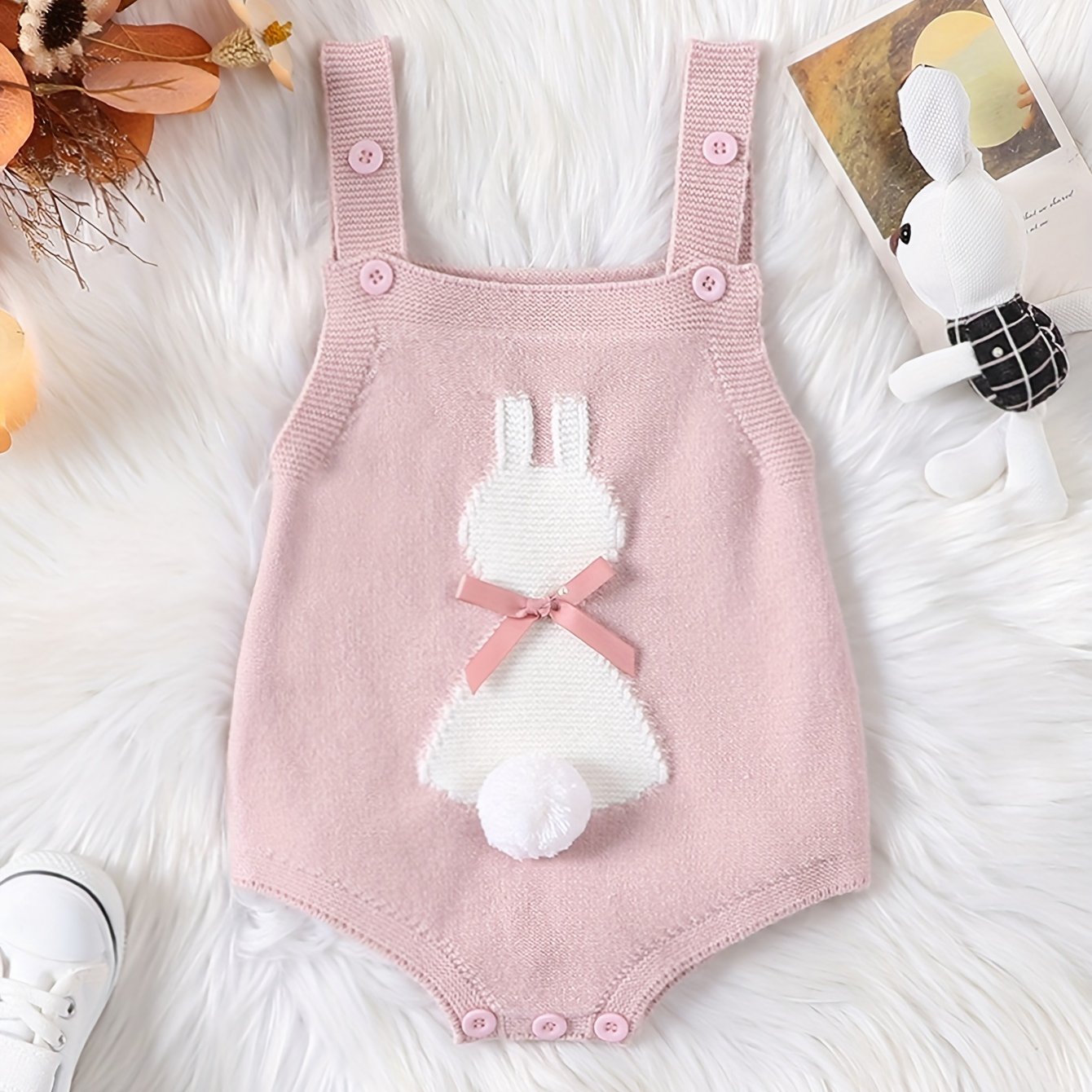 Baby Knit Sleeveless Newborn Girl Boy Romper Outfit Rabbit Easter Knit Sweater Suspender Romper, For Outdoor