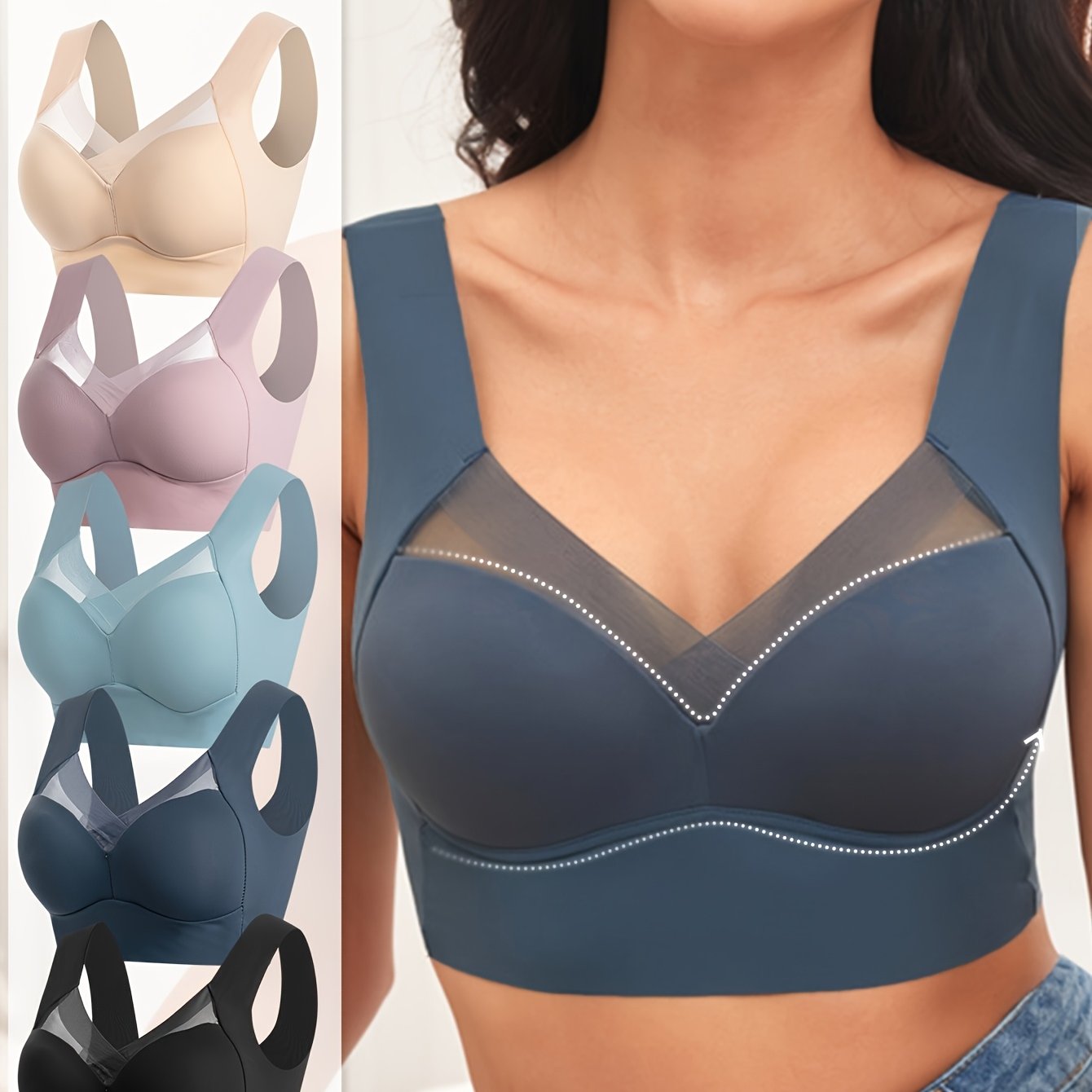 5pcs Set Of Women's Color Beautiful Back Underwear, Push-up, Non-cupping, Simple And Exquisite Details, Show Temperament, Fresh And High-end Style, Suitable For Daily Wear In