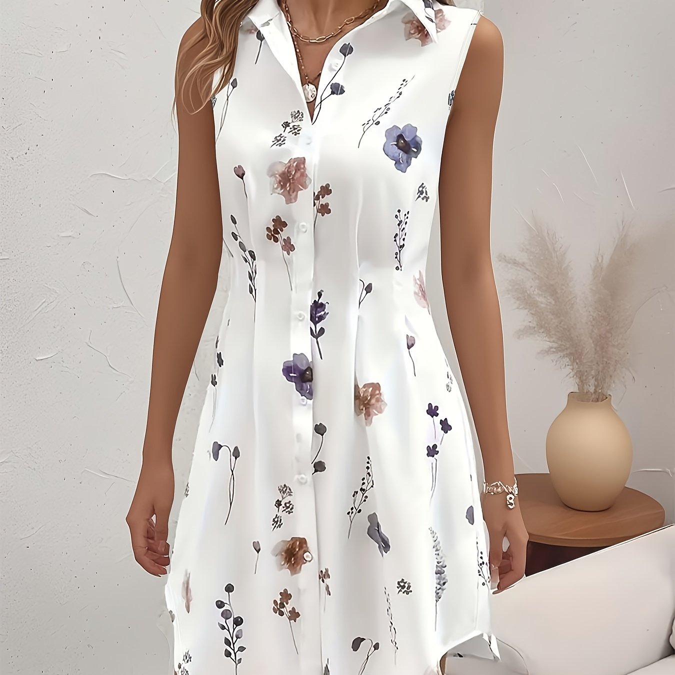 E-shop Frühling/Sommer Herbst Urlaub Chic Blumenmuster Ärmelloses Kleid, Elegantes Casual Umlegekragen Knopf Damenhemd-Kleid