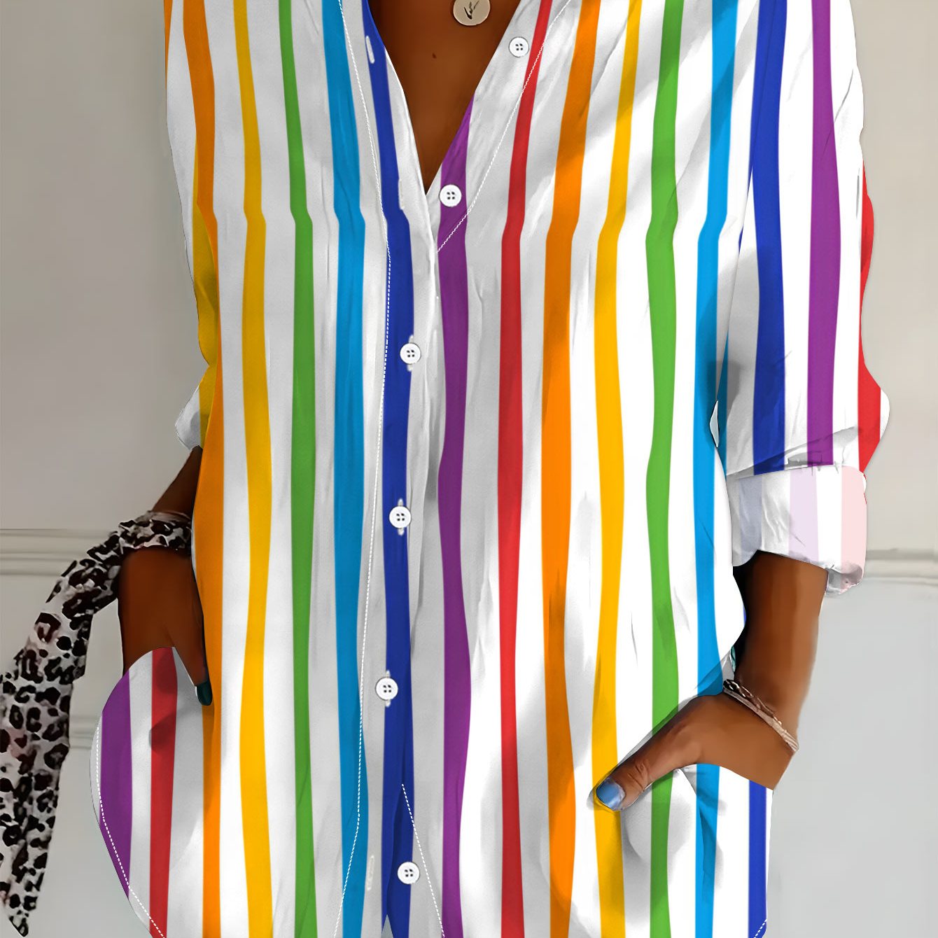 TEMU Plus Size, Plus Size Women's Long Sleeve Shirt, Multicolor Striped Loose Fit Printed Shirt, Colorful Vertical Stripes Midi-length Women's Long