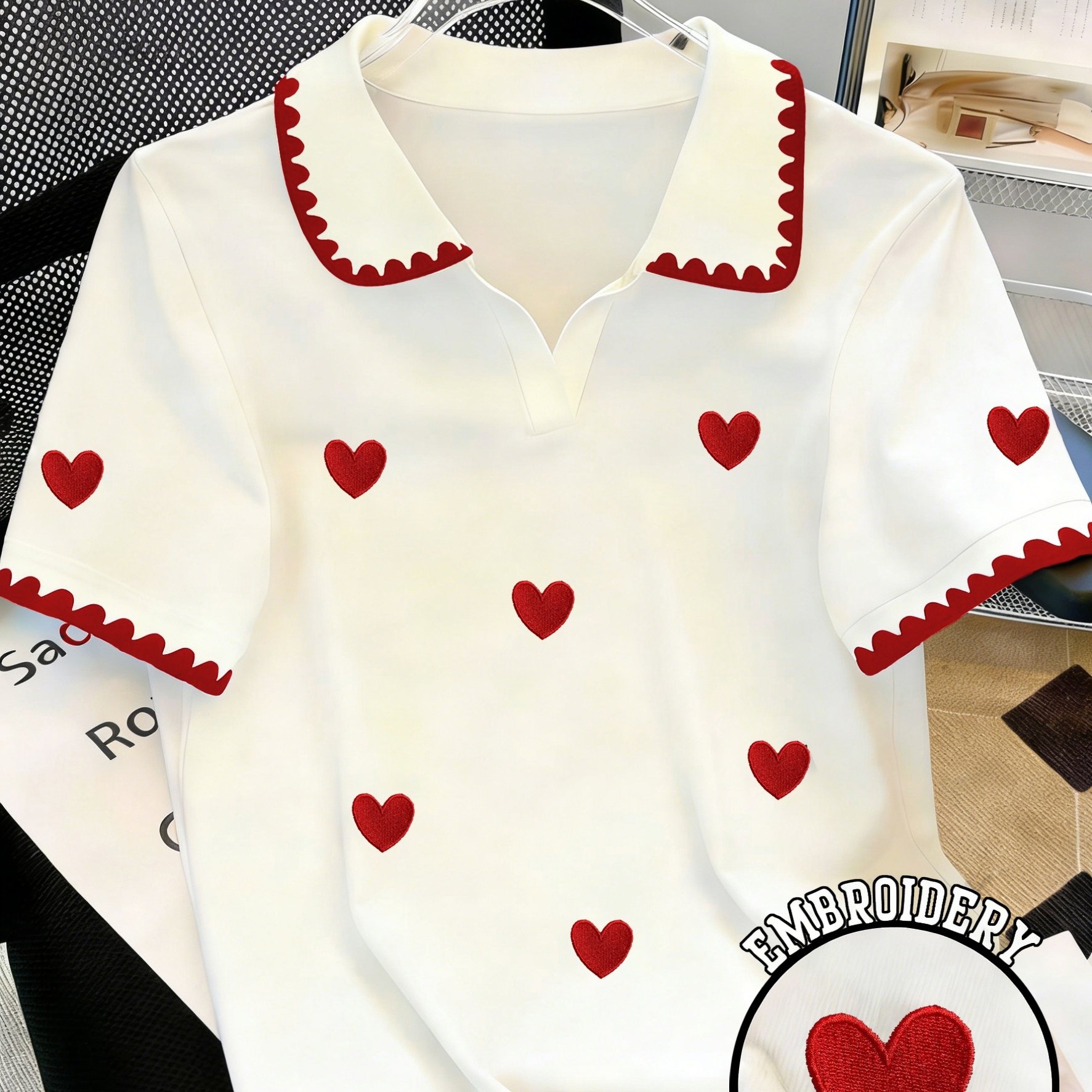 TEMU Sweet Heart Embroidery Shirt Women's Summer Age-reducing Short Sleeve T-shirt Versatile Top