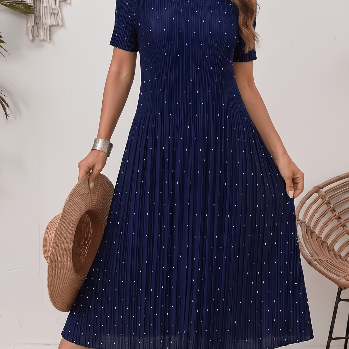 E-shop Plus Size, Sommer Neues Kurzarmkleid Plus Size Plissiertes Midi-Kleid