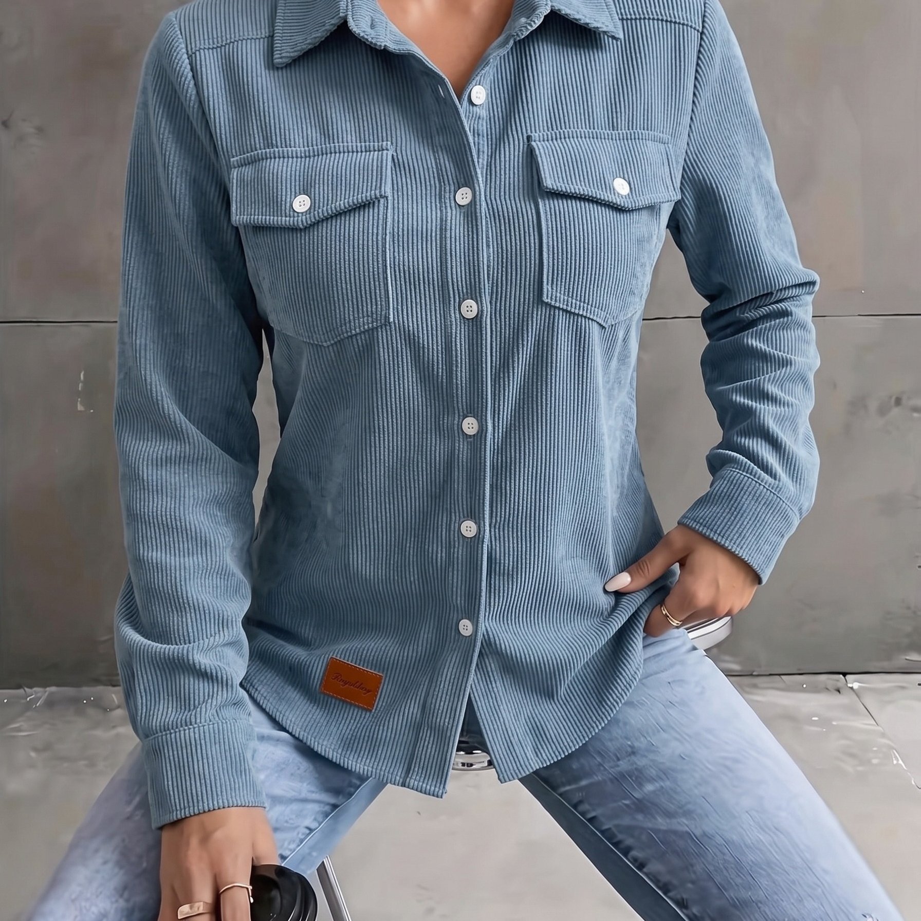 TEMU Chemise boutonnée en velours côtelé ROYALBOY pour femme, haut élégant et décontracté à manches longues, blouse de travail pour