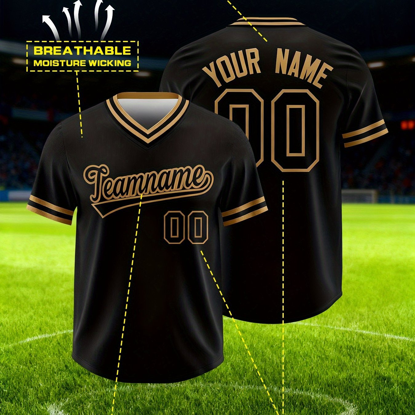TEMU Minimalist Black Golden Patterned Adult Loose Fitting Football Jersey With Customizable Name And Number, Breathable And Moisture Absorbing