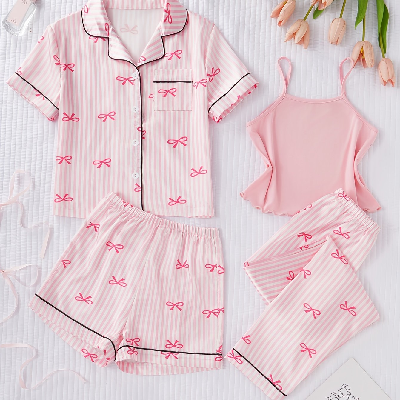TEMU Young Cute And Sweet Pink Striped Bow Print Short-sleeve Cardigan, Camisole, Shorts, And Pants 4pcs Loungewear Pajama Set, For Teenager