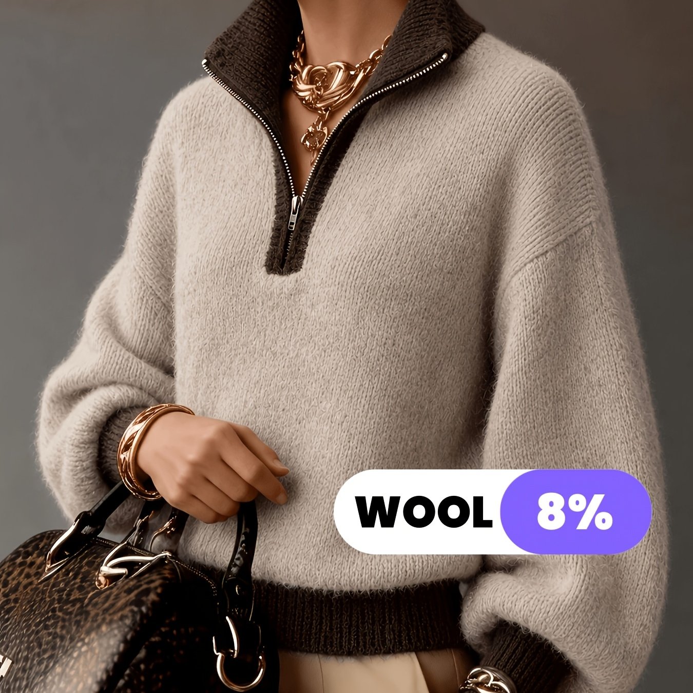 TEMU Western Style Women's Texture Sweater Regular Size Half-zip Lapel Knitwear Loose