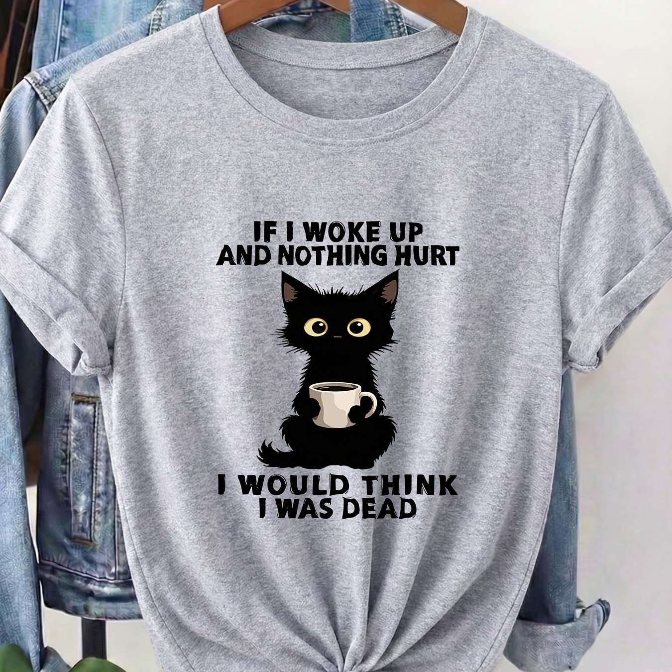 TEMU Women's Spring And Summer Casual Round Neck Short-sleeved T-shirt, Black Cat Holding A Coffee Cup, With English Floral Print, Breathable Machine