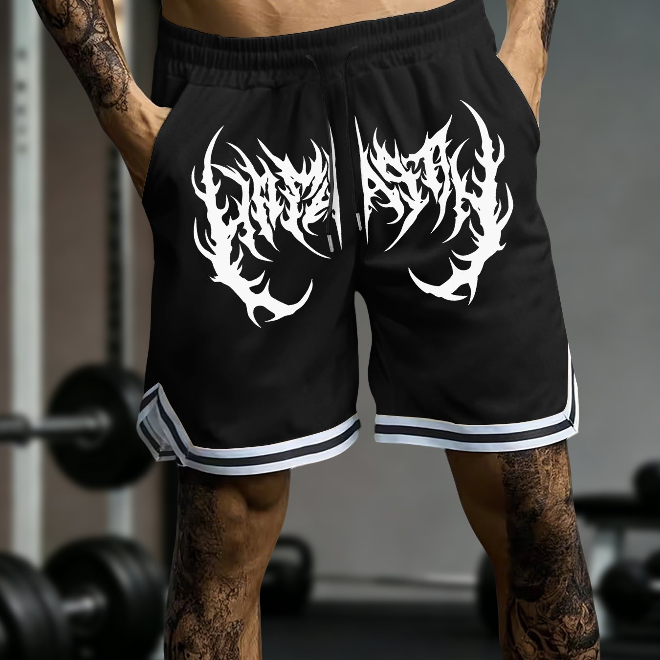 TEMU Dark Metal Print Athletic Shorts For Fitness Training And Casual Wear